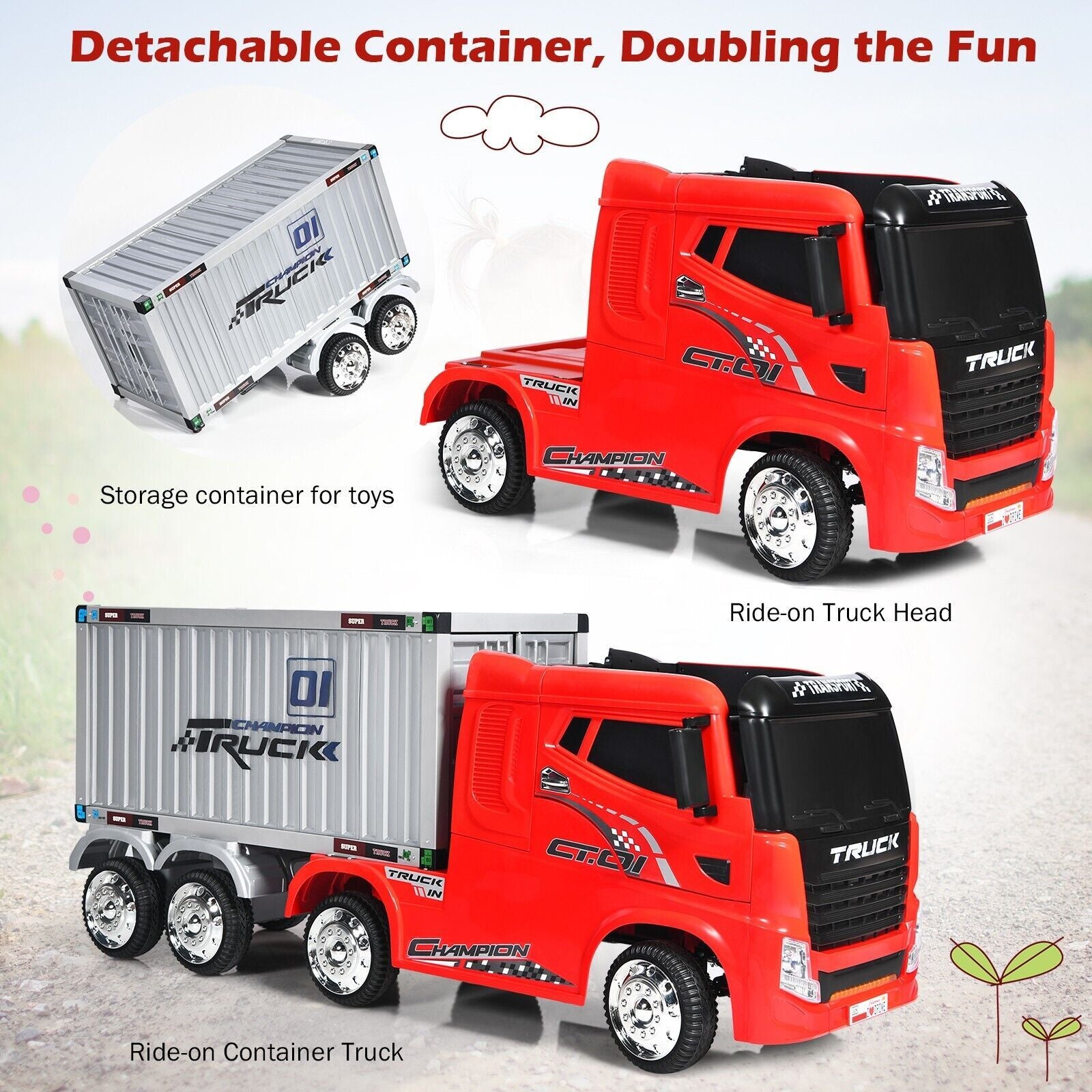 12V Ride-On Semi-Truck with Container for Kids of 3-8 Year Old