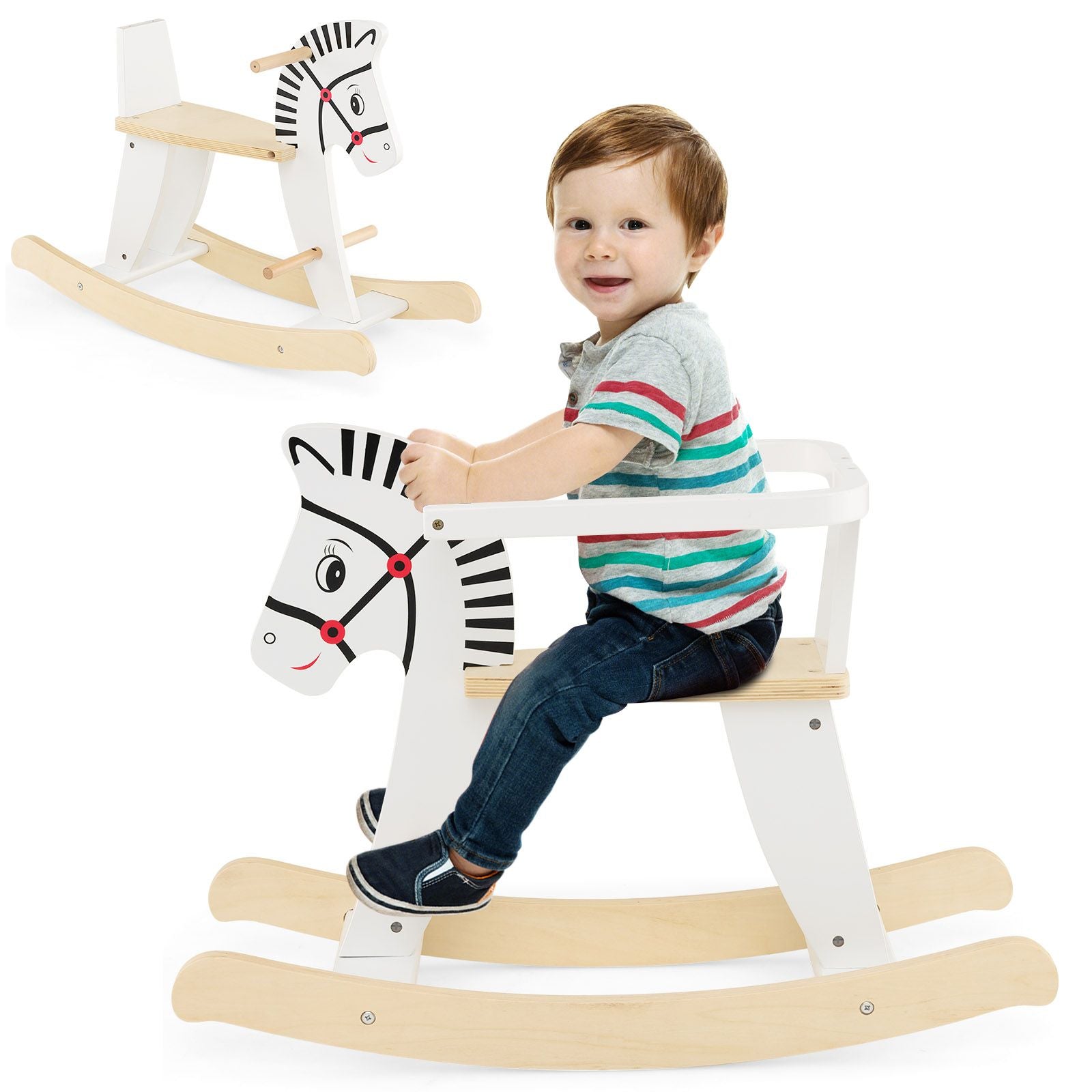 Wooden Rocking Horse with Detachable Fences and Backrest