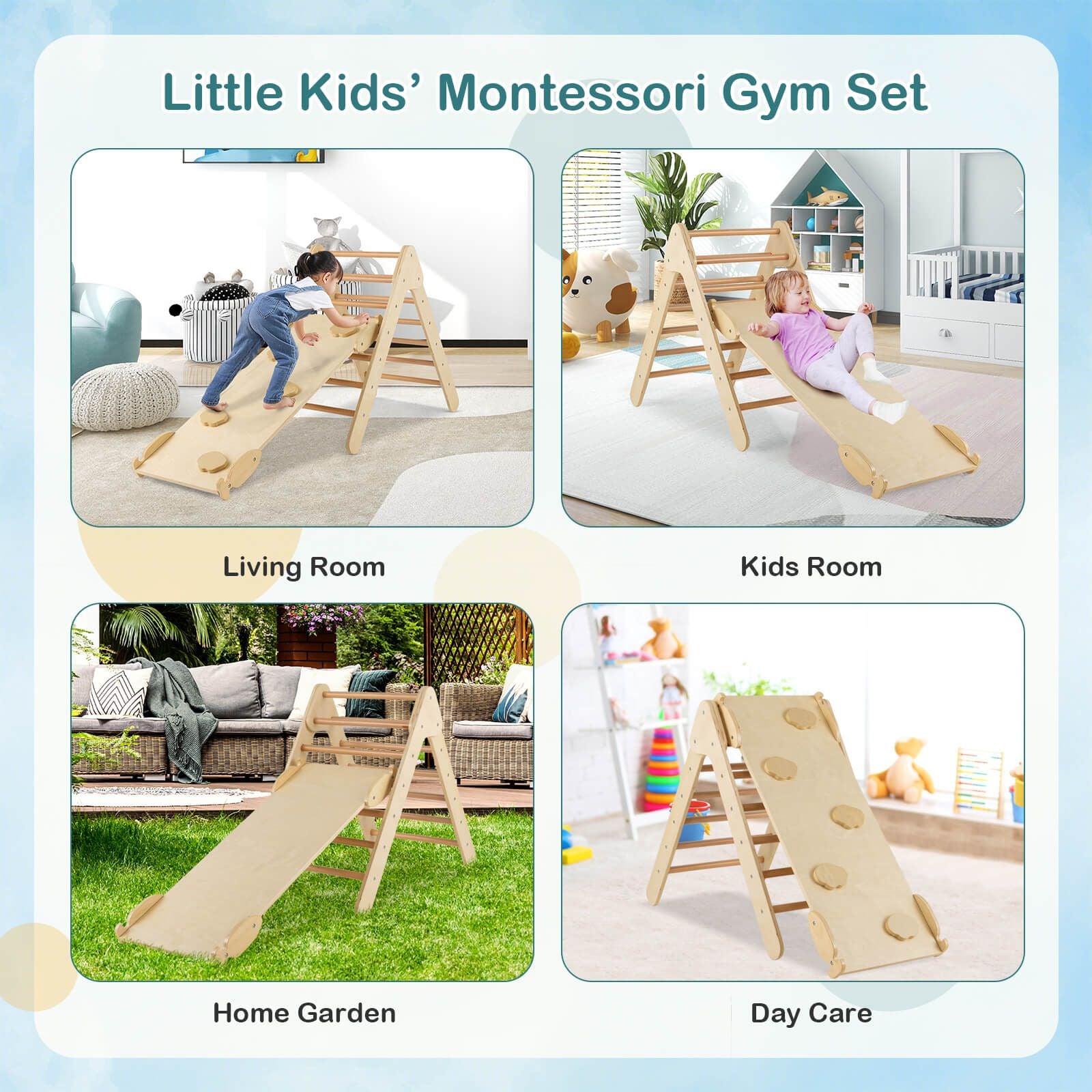 Wooden Triangle Climbing Ladder Set with 2-In-1 Reversible Ramp