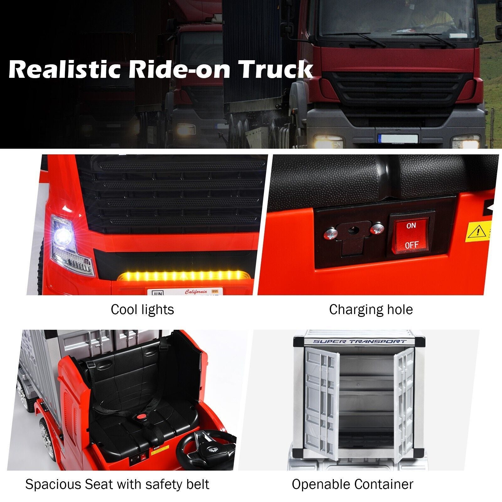 12V Ride-On Semi-Truck with Container for Kids of 3-8 Year Old
