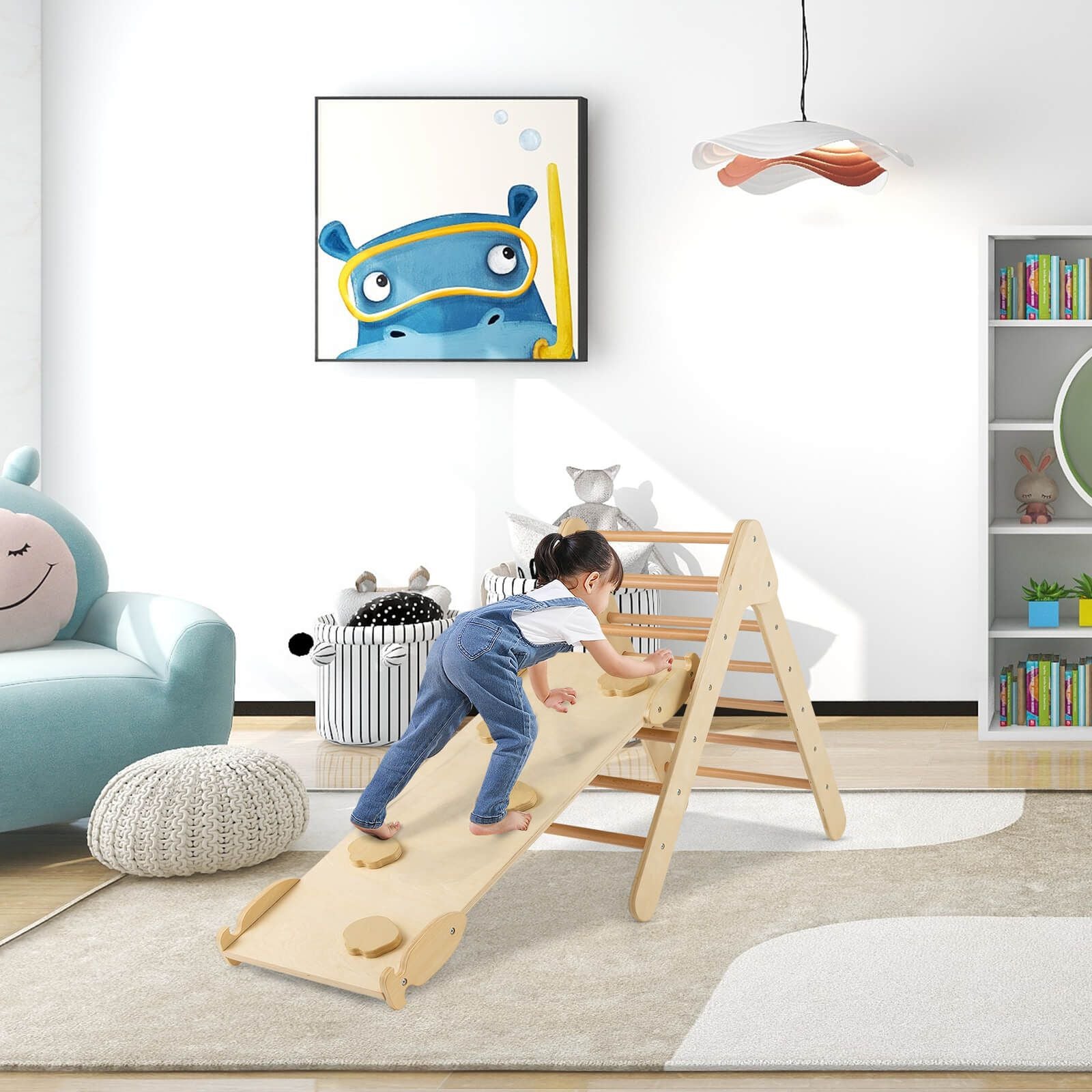 Wooden Triangle Climbing Ladder Set with 2-In-1 Reversible Ramp