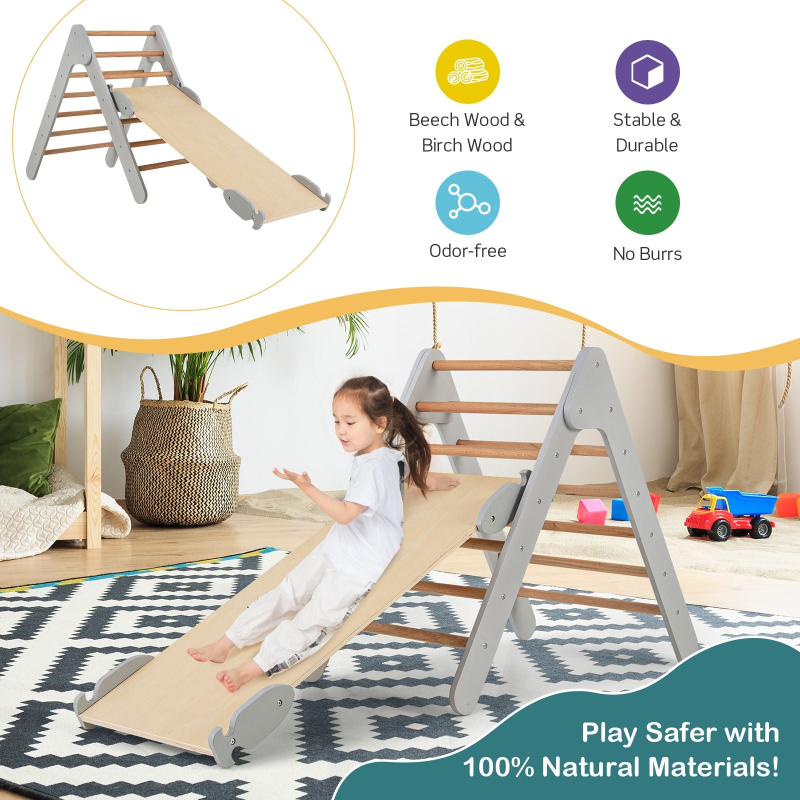 Wooden Triangle Climbing Ladder Set with 2-In-1 Reversible Ramp