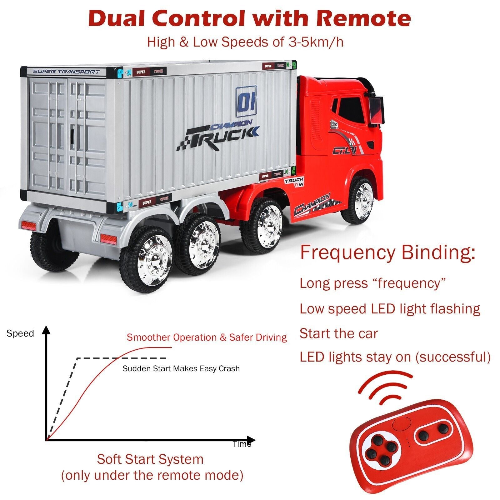 12V Ride-On Semi-Truck with Container for Kids of 3-8 Year Old