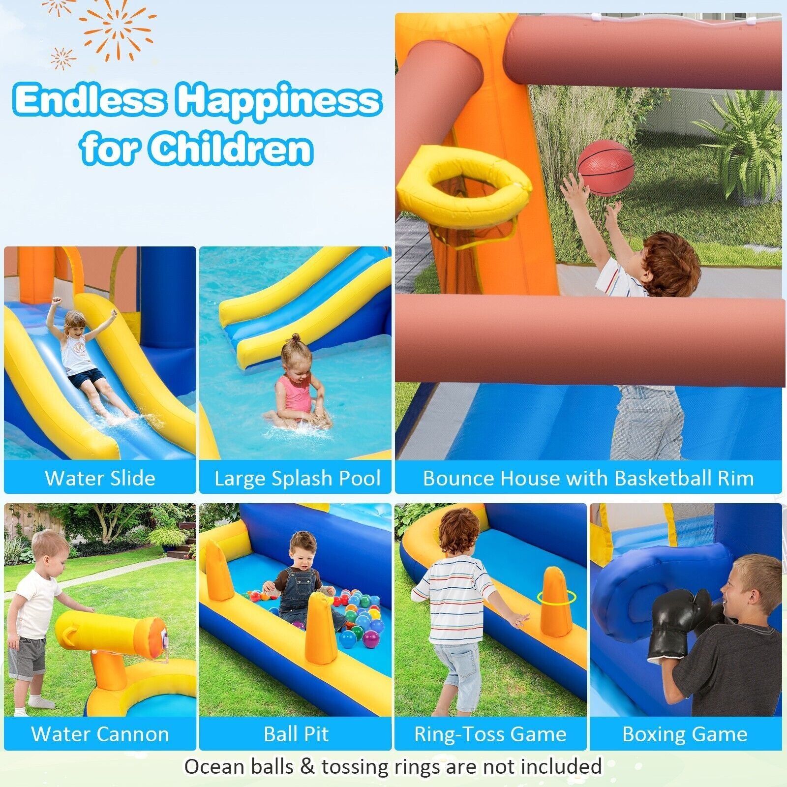 7-In-1 Water Slide Park Inflatable Bounce House Bouncy Castle with Splash Pool