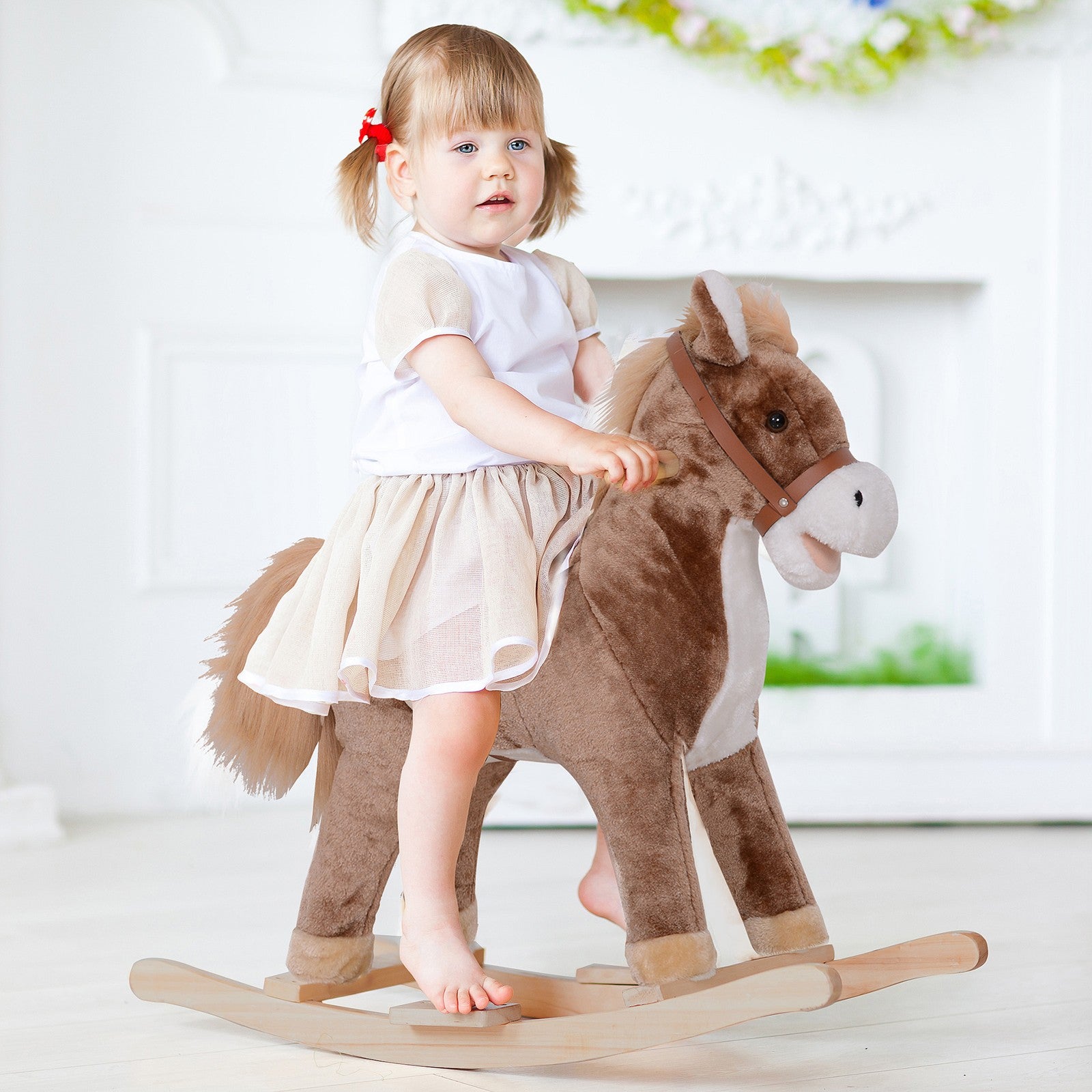 Kids Rocking Horse Wooden Plush Age 3+ Children Ride on Toy Rocker Nursery Baby