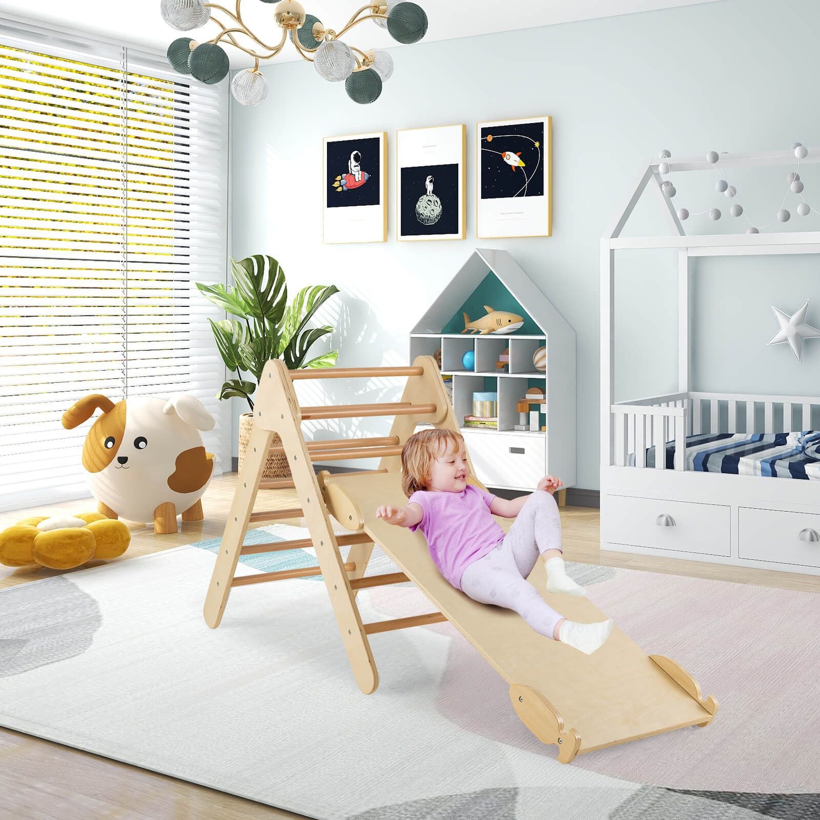 Wooden Triangle Climbing Ladder Set with 2-In-1 Reversible Ramp