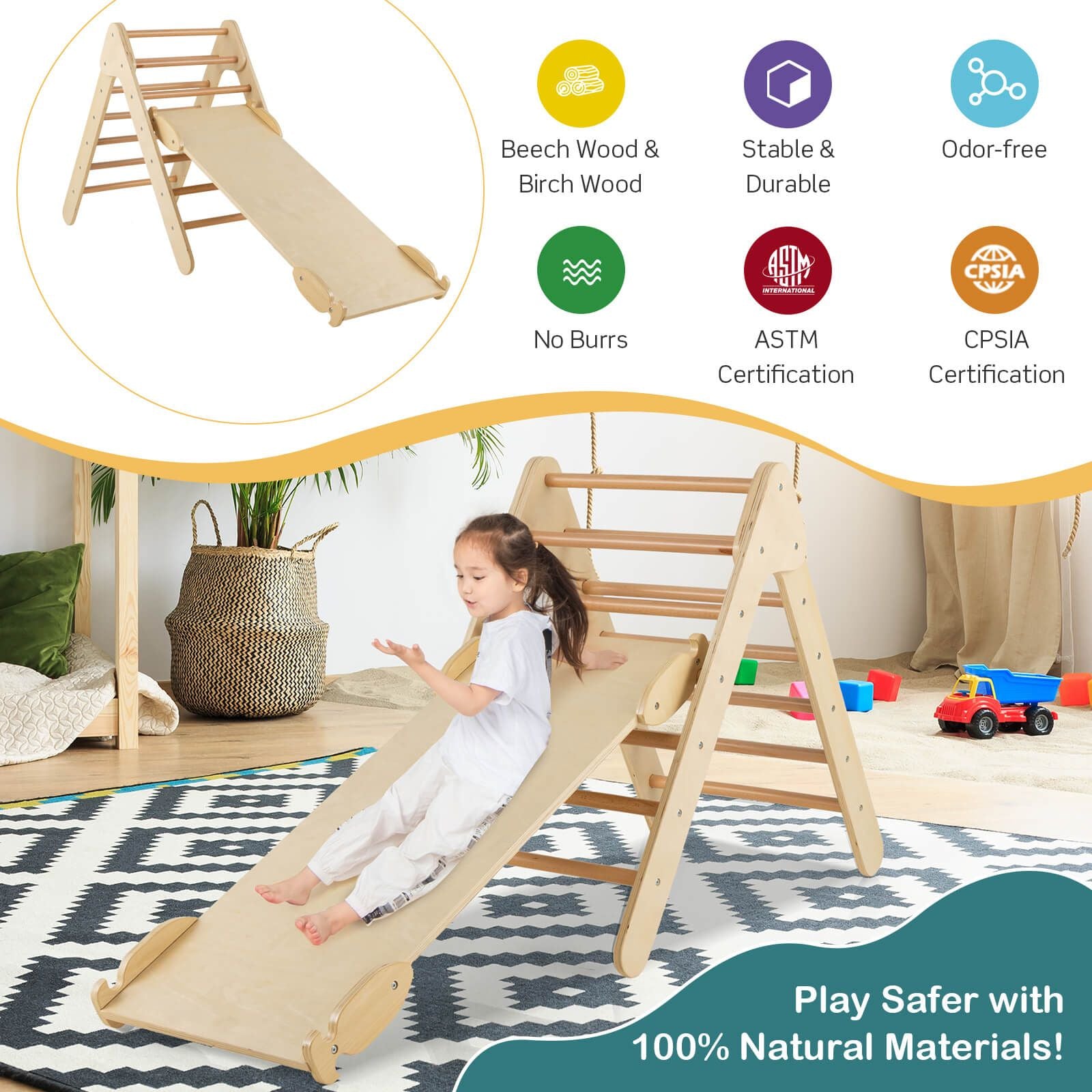 Wooden Triangle Climbing Ladder Set with 2-In-1 Reversible Ramp