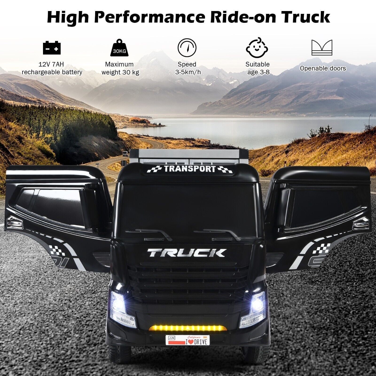 12V Ride-On Semi-Truck with Container for Kids of 3-8 Year Old
