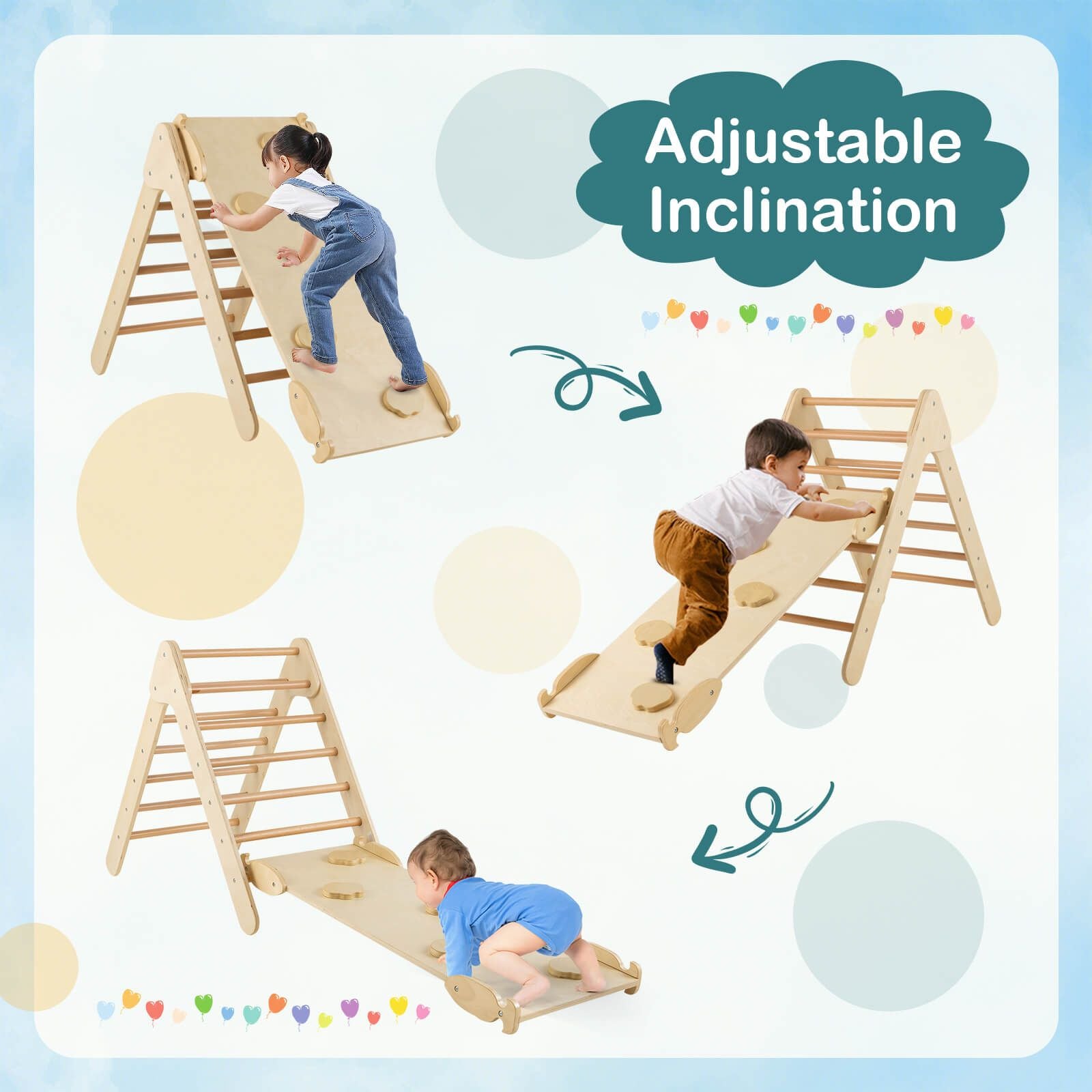 Wooden Triangle Climbing Ladder Set with 2-In-1 Reversible Ramp