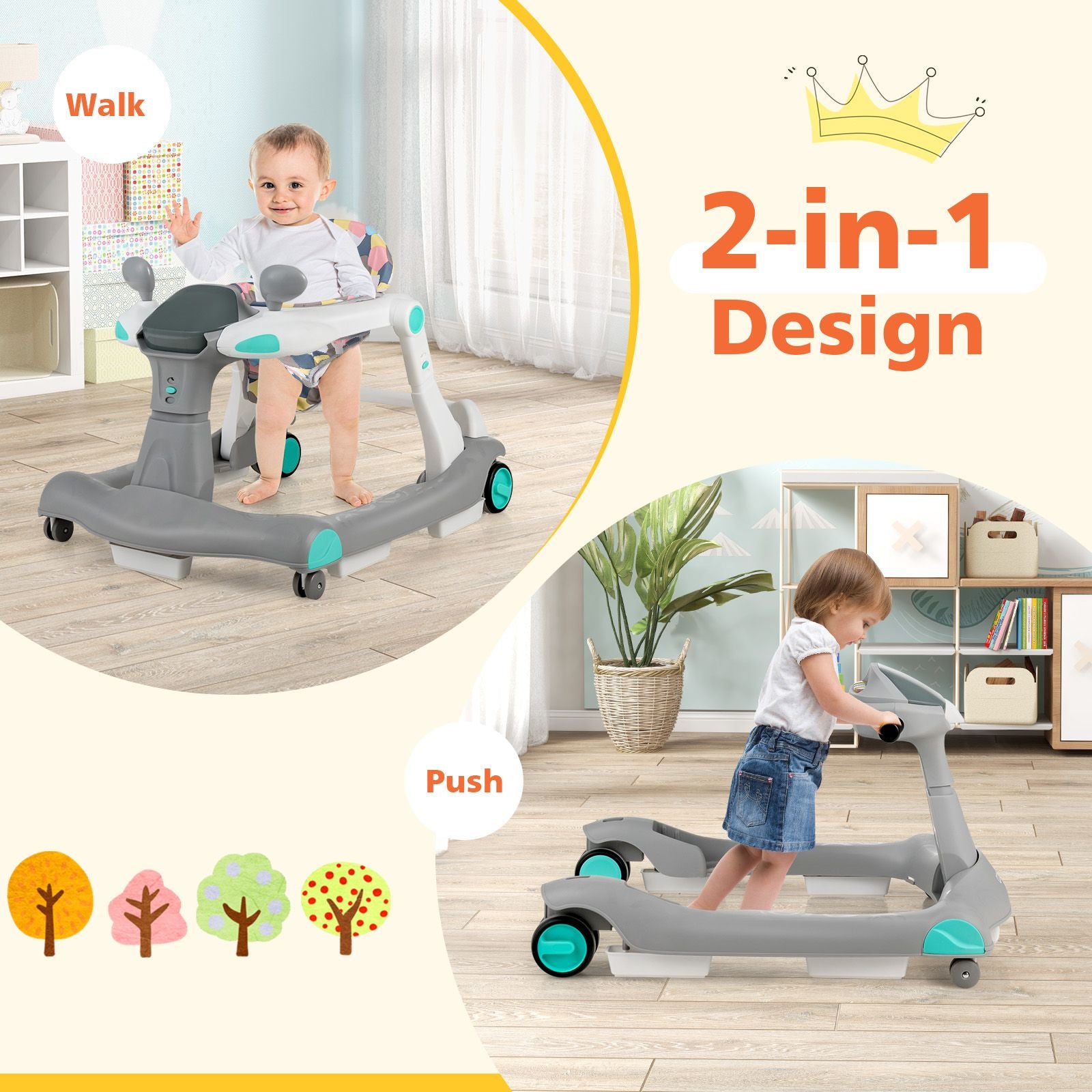 2-In-1 Foldable Baby Walker with Adjustable Height and Speed