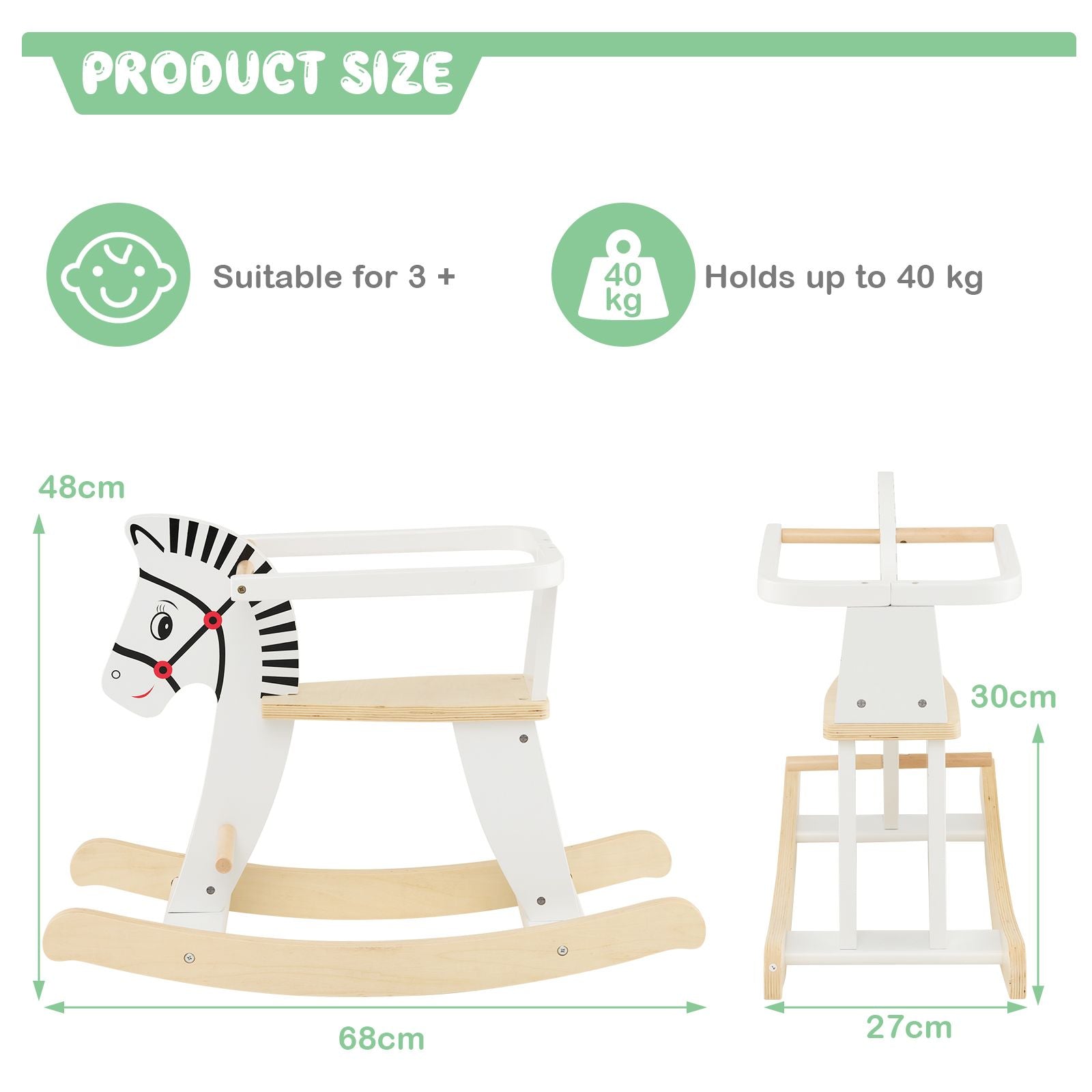 Wooden Rocking Horse with Detachable Fences and Backrest