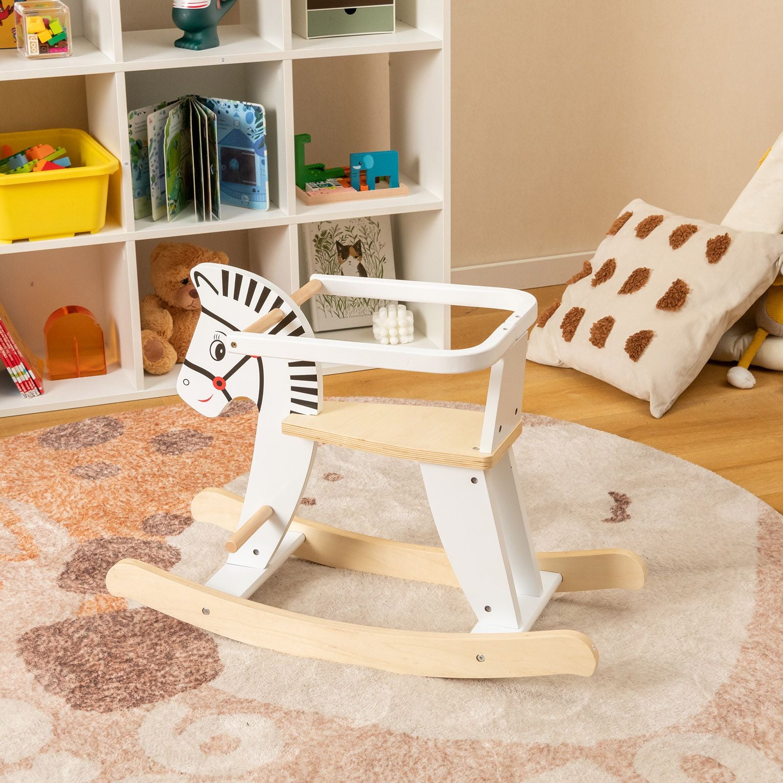 Wooden Rocking Horse with Detachable Fences and Backrest