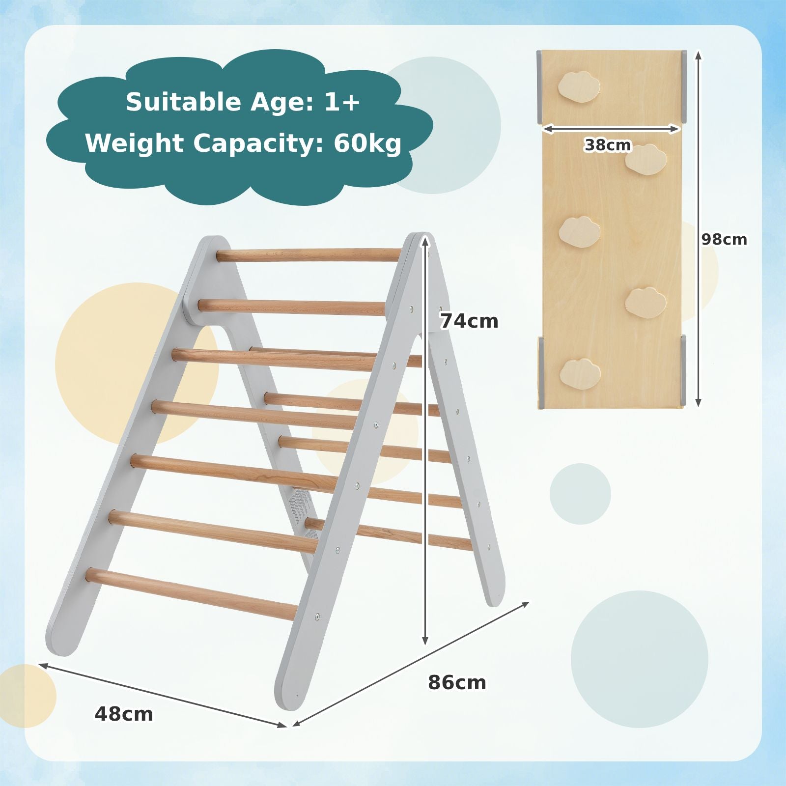 Wooden Triangle Climbing Ladder Set with 2-In-1 Reversible Ramp