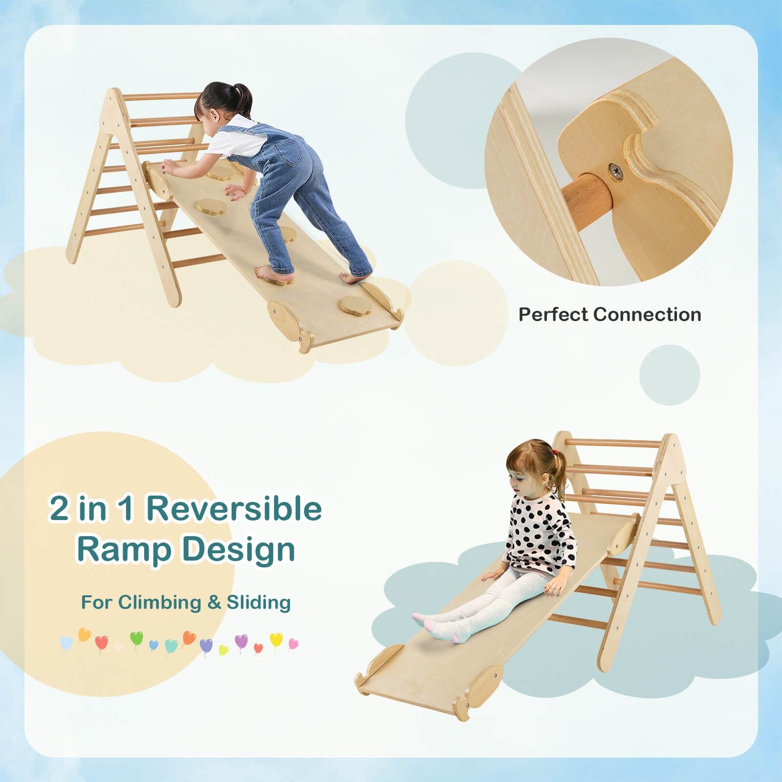 Wooden Triangle Climbing Ladder Set with 2-In-1 Reversible Ramp