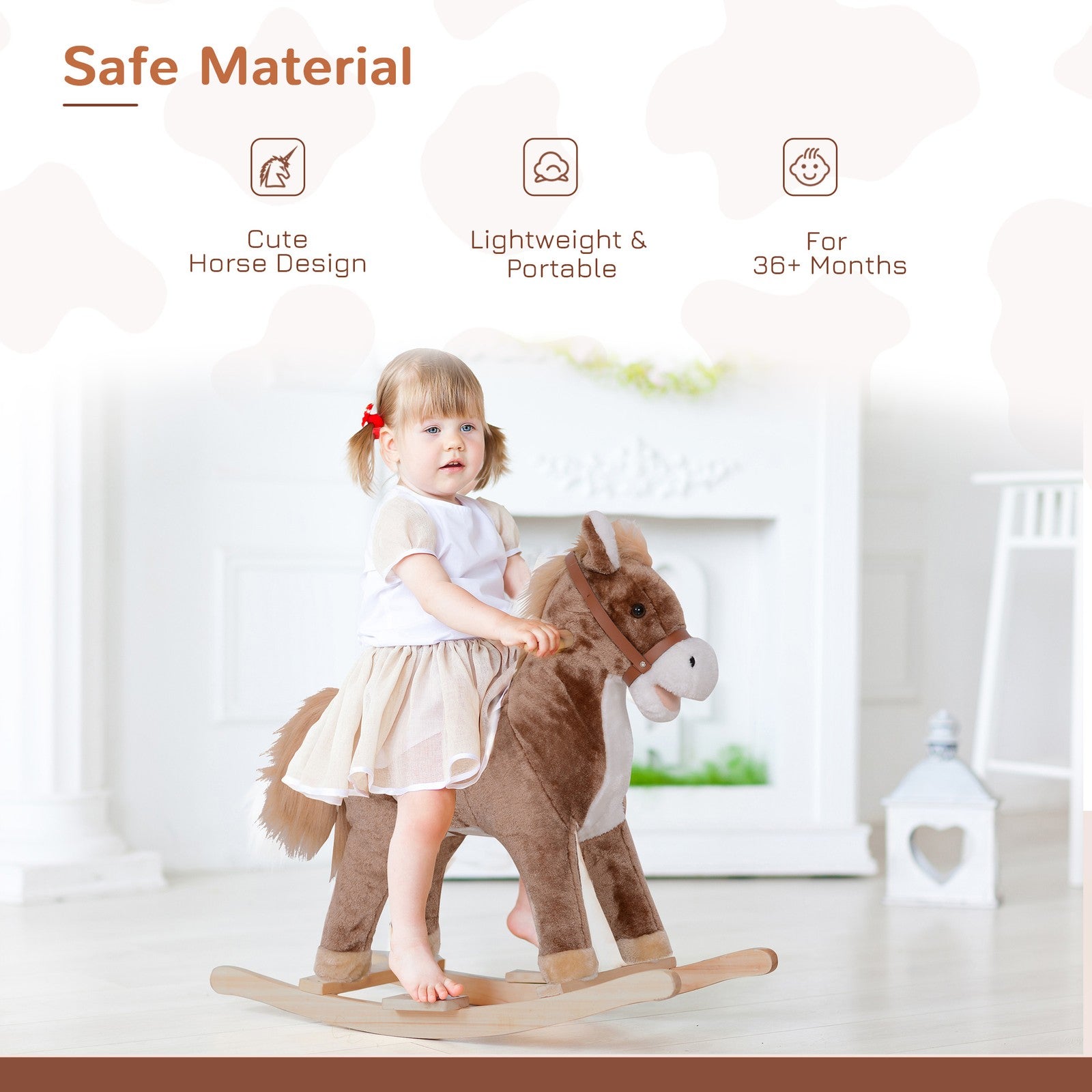 Kids Rocking Horse Wooden Plush Age 3+ Children Ride on Toy Rocker Nursery Baby