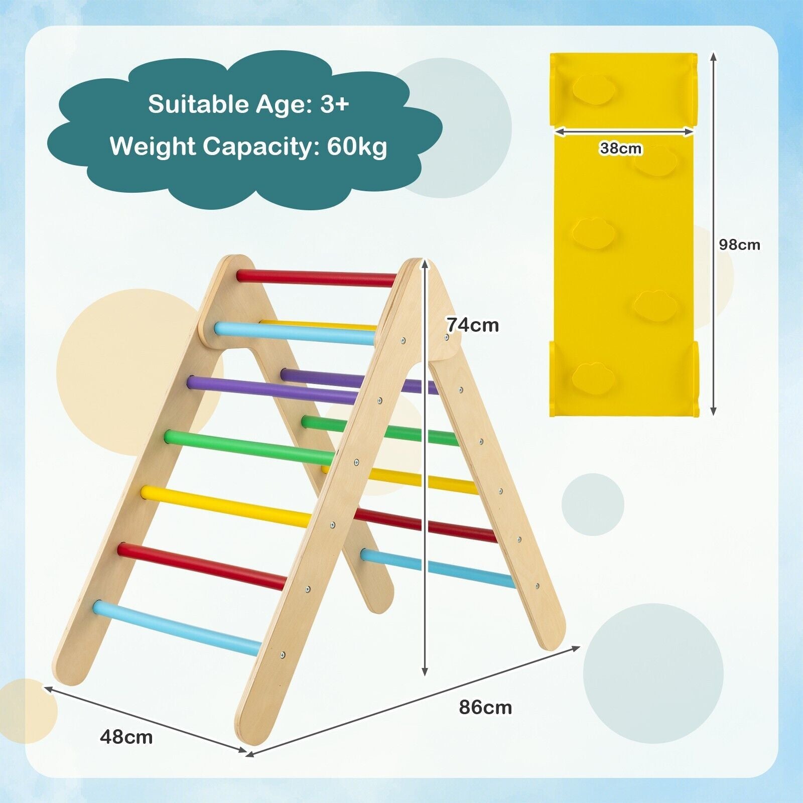 Wooden Triangle Climbing Ladder Set with 2-In-1 Reversible Ramp