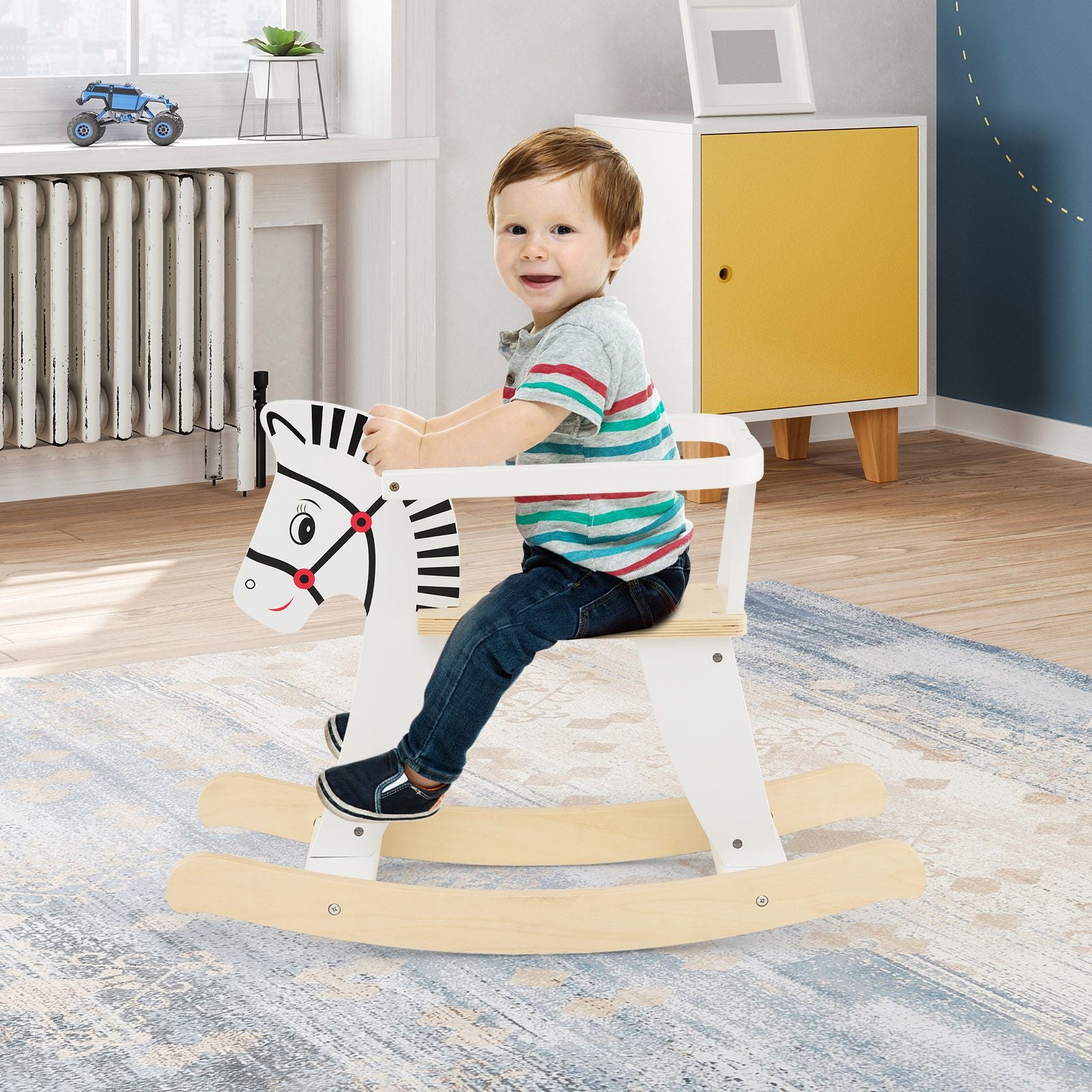 Wooden Rocking Horse with Detachable Fences and Backrest