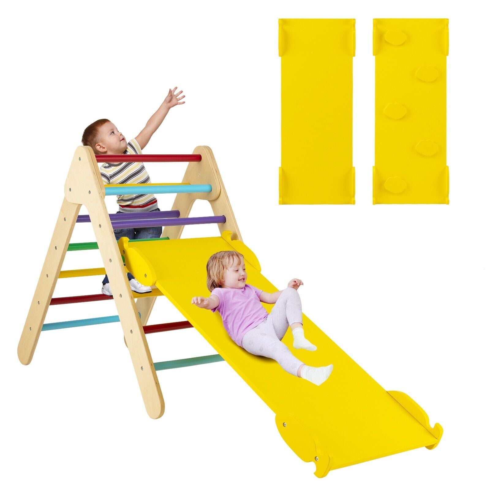Wooden Triangle Climbing Ladder Set with 2-In-1 Reversible Ramp