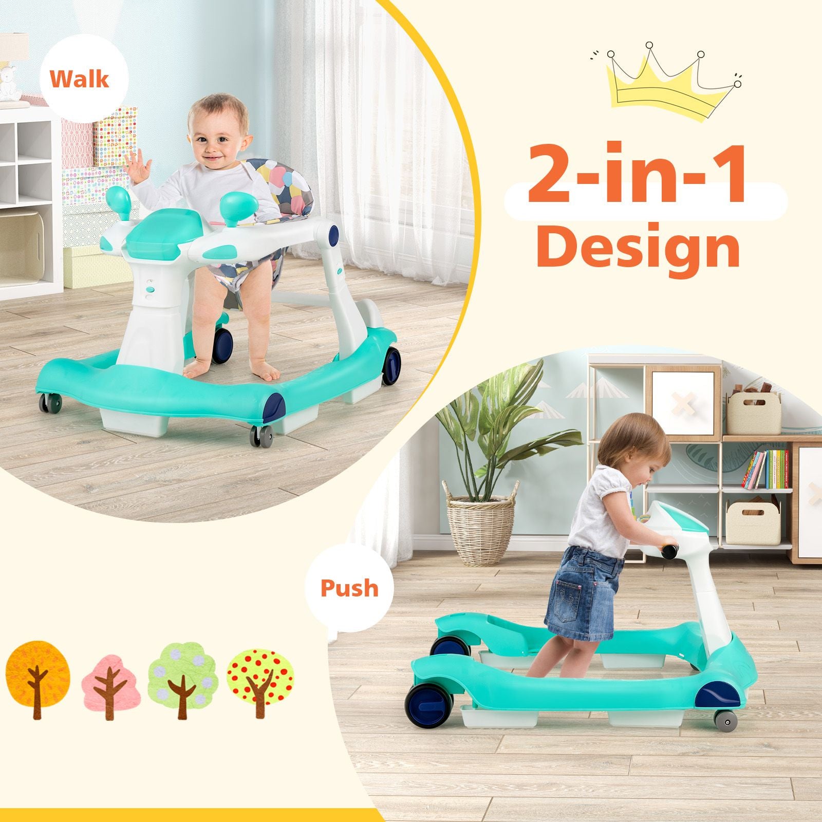 2-In-1 Foldable Baby Walker with Adjustable Height and Speed