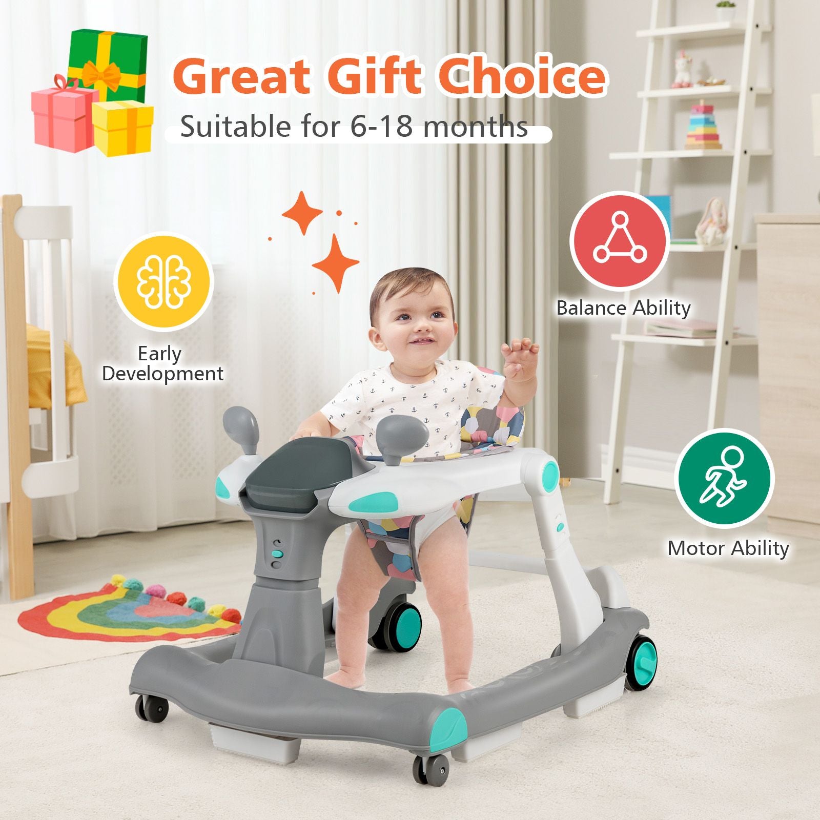 2-In-1 Foldable Baby Walker with Adjustable Height and Speed
