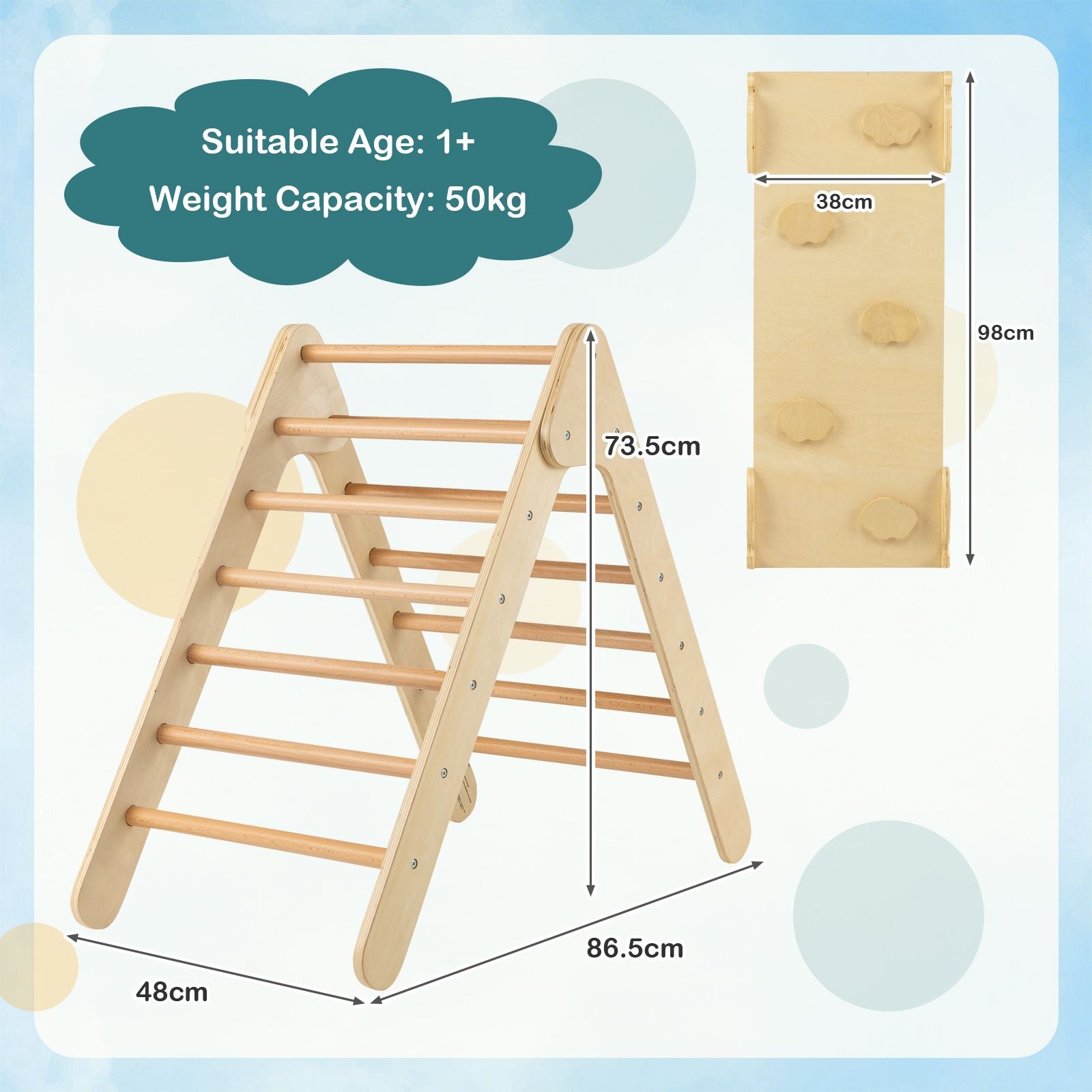 Wooden Triangle Climbing Ladder Set with 2-In-1 Reversible Ramp