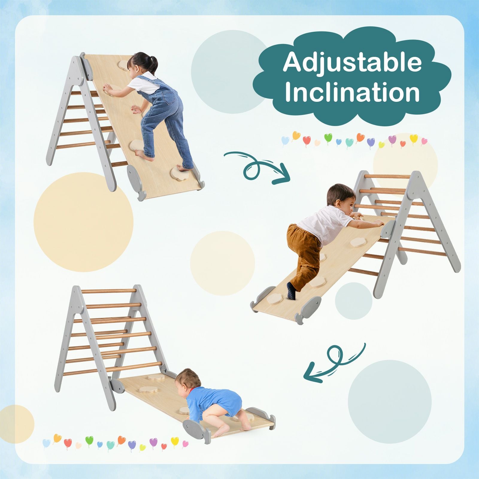 Wooden Triangle Climbing Ladder Set with 2-In-1 Reversible Ramp