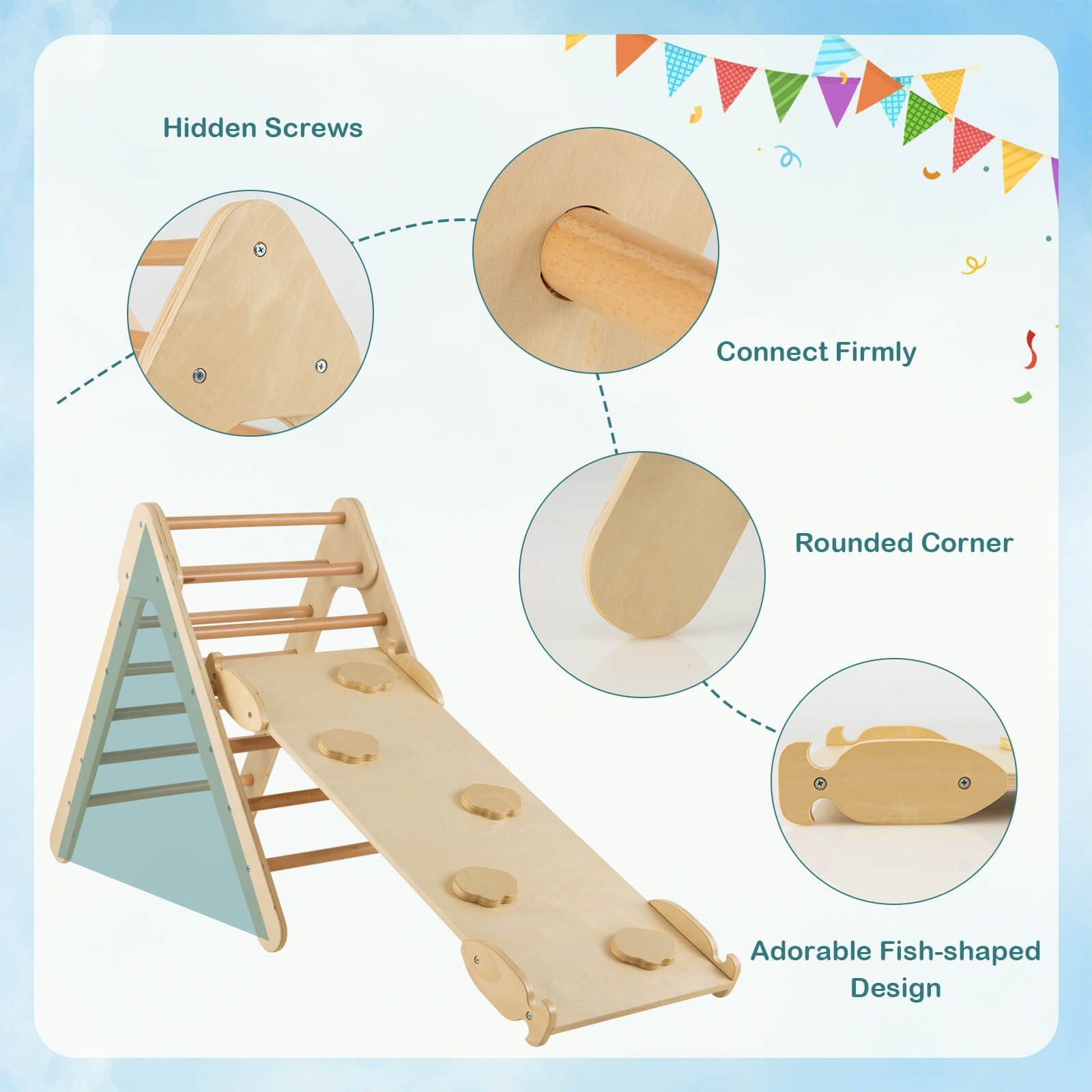 Wooden Triangle Climbing Ladder Set with 2-In-1 Reversible Ramp