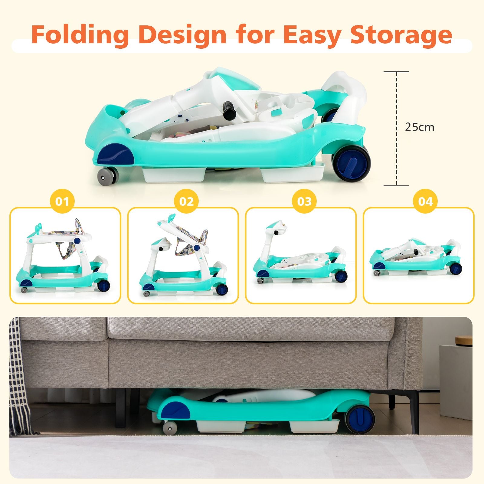 2-In-1 Foldable Baby Walker with Adjustable Height and Speed