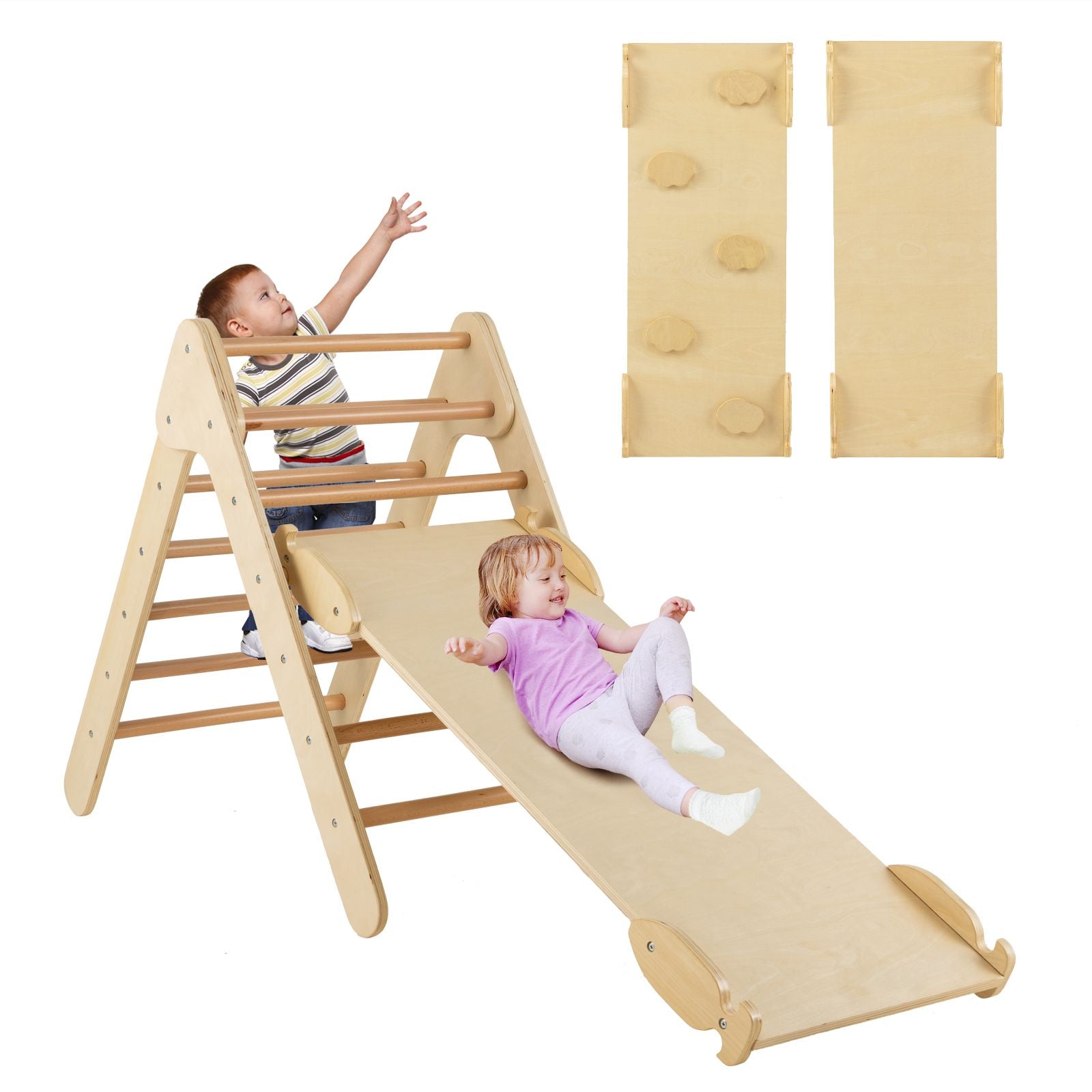 Wooden Triangle Climbing Ladder Set with 2-In-1 Reversible Ramp