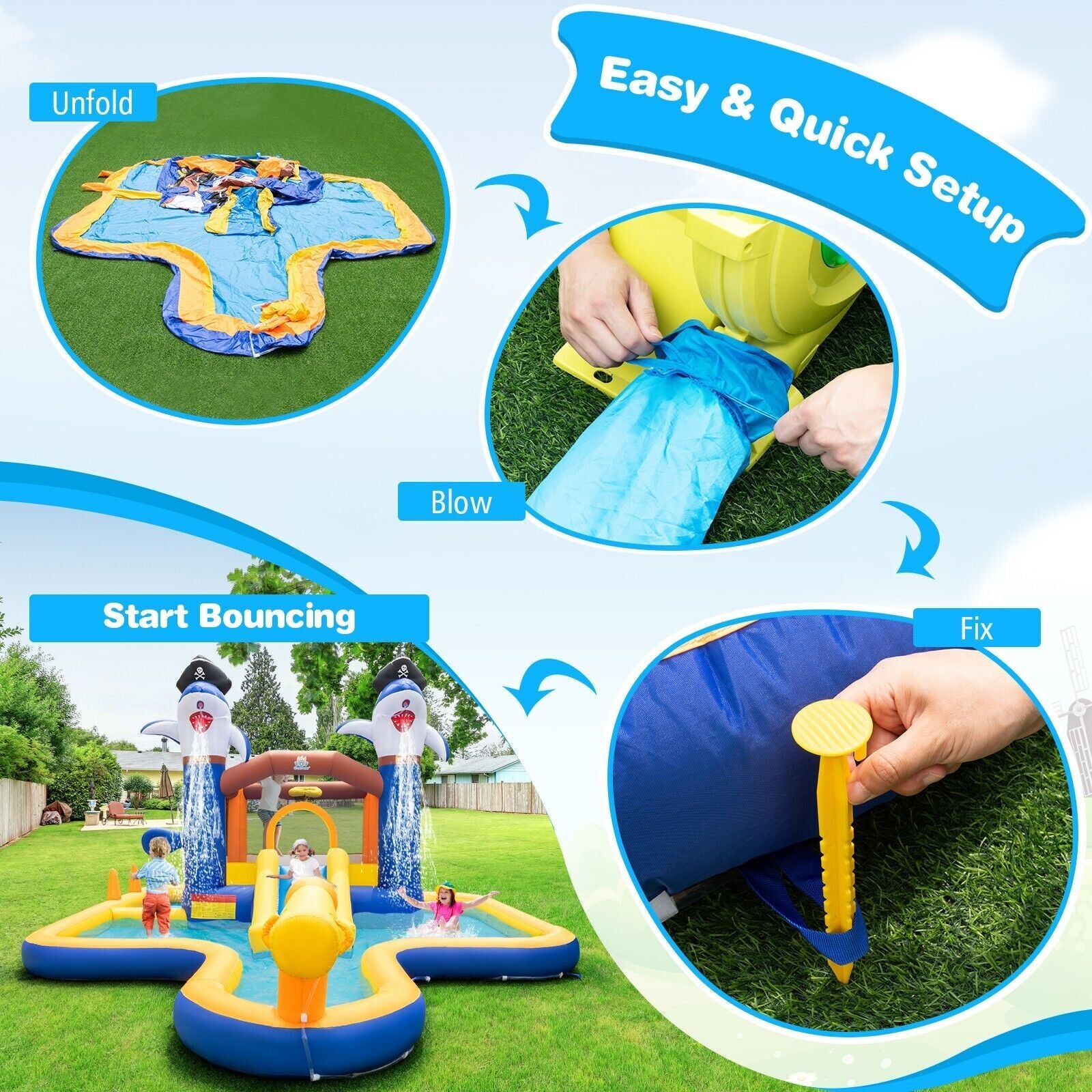 7-In-1 Water Slide Park Inflatable Bounce House Bouncy Castle with Splash Pool