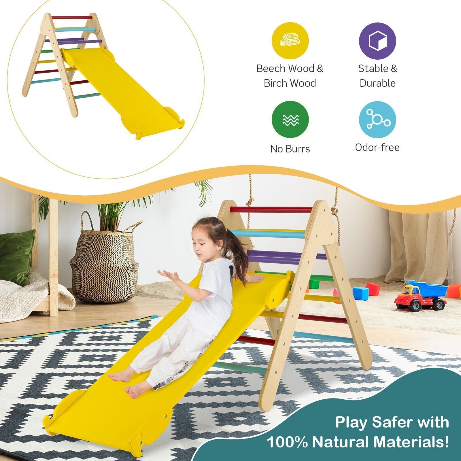 Wooden Triangle Climbing Ladder Set with 2-In-1 Reversible Ramp