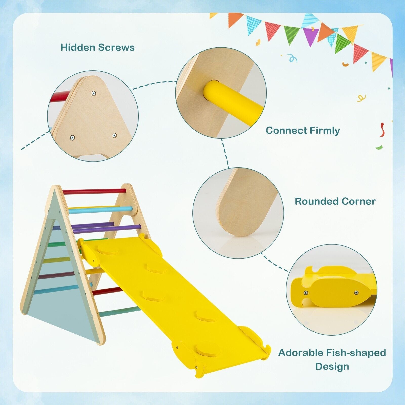 Wooden Triangle Climbing Ladder Set with 2-In-1 Reversible Ramp