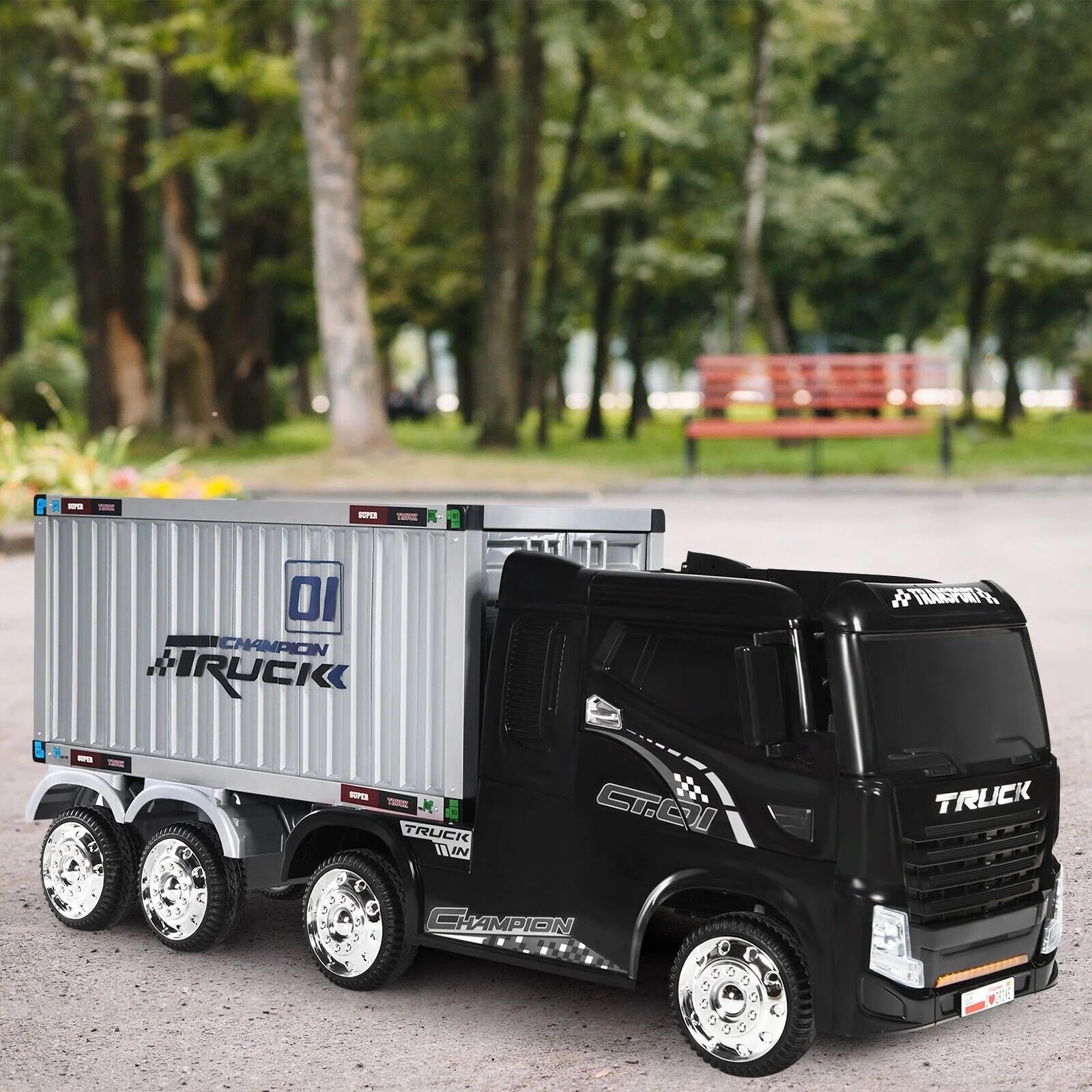 12V Ride-On Semi-Truck with Container for Kids of 3-8 Year Old