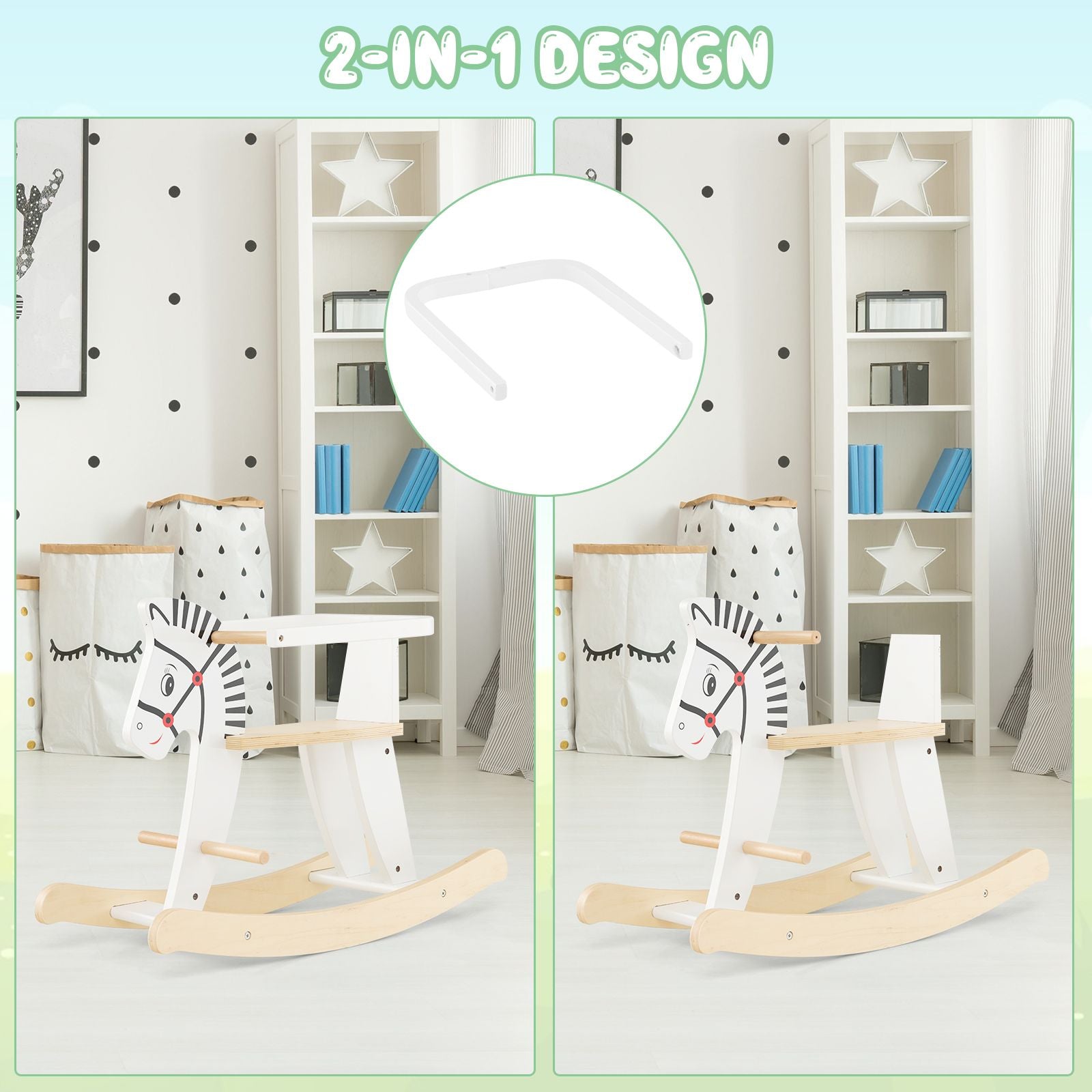 Wooden Rocking Horse with Detachable Fences and Backrest