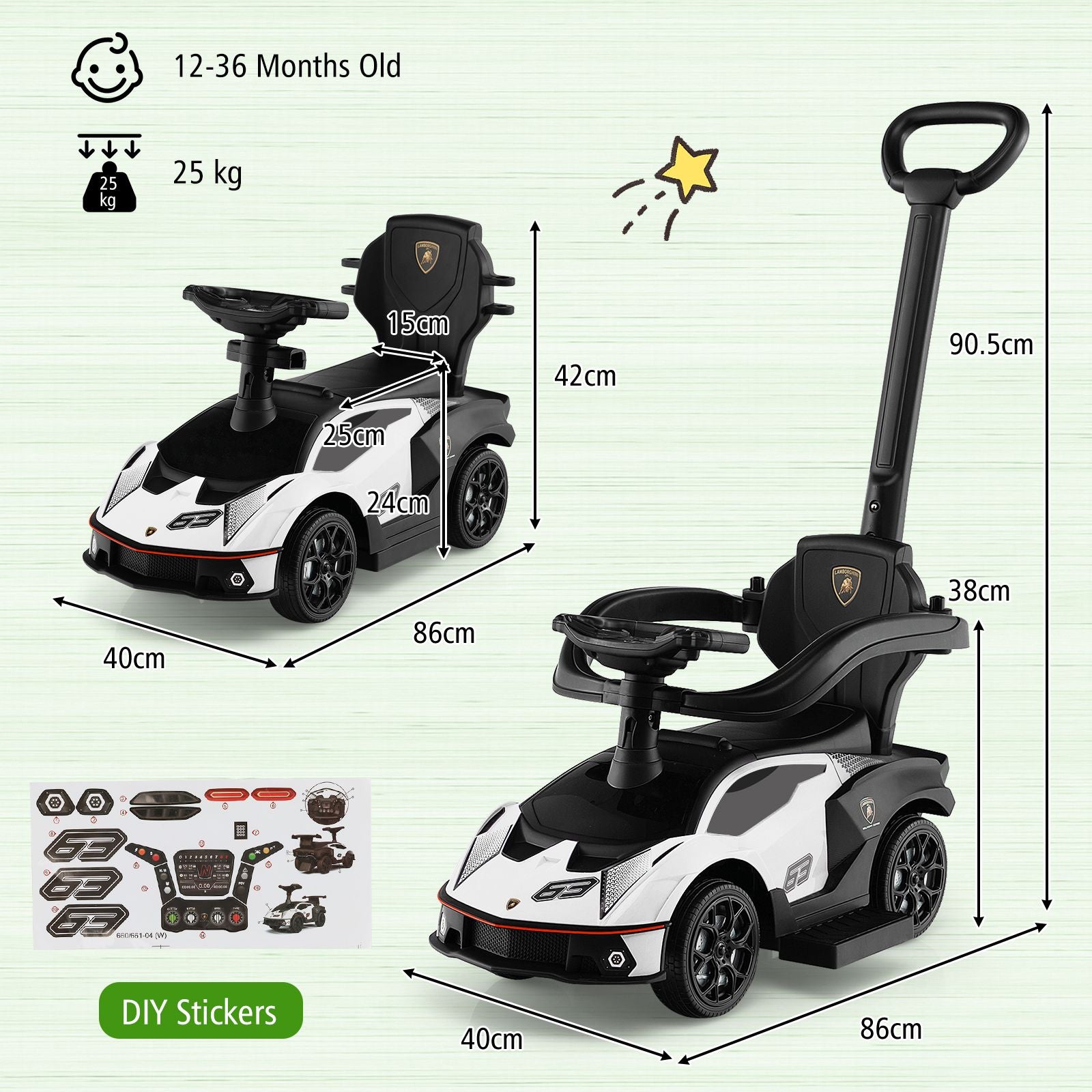Kids Licensed Lamborghini Ride on Car with Push Handle