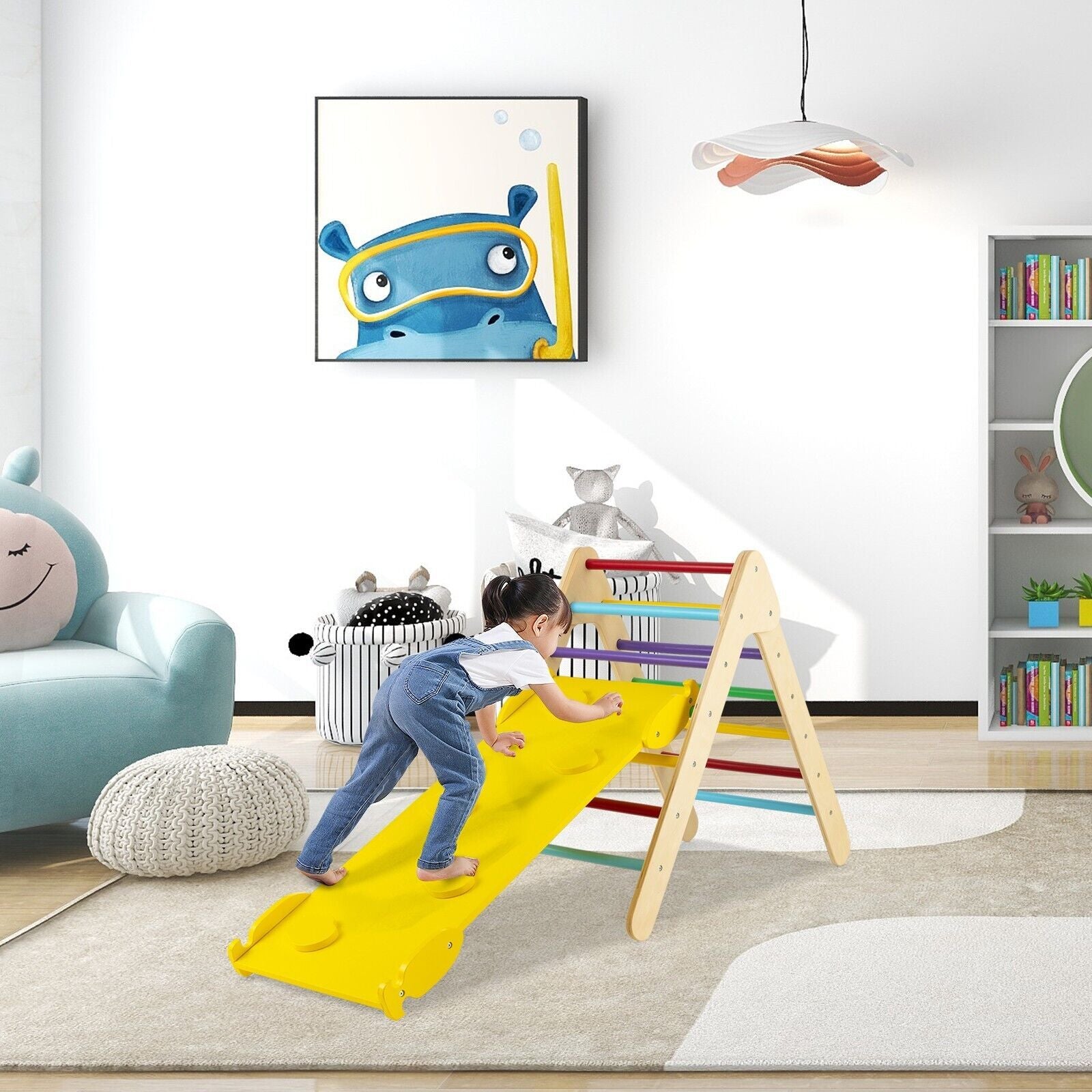 Wooden Triangle Climbing Ladder Set with 2-In-1 Reversible Ramp
