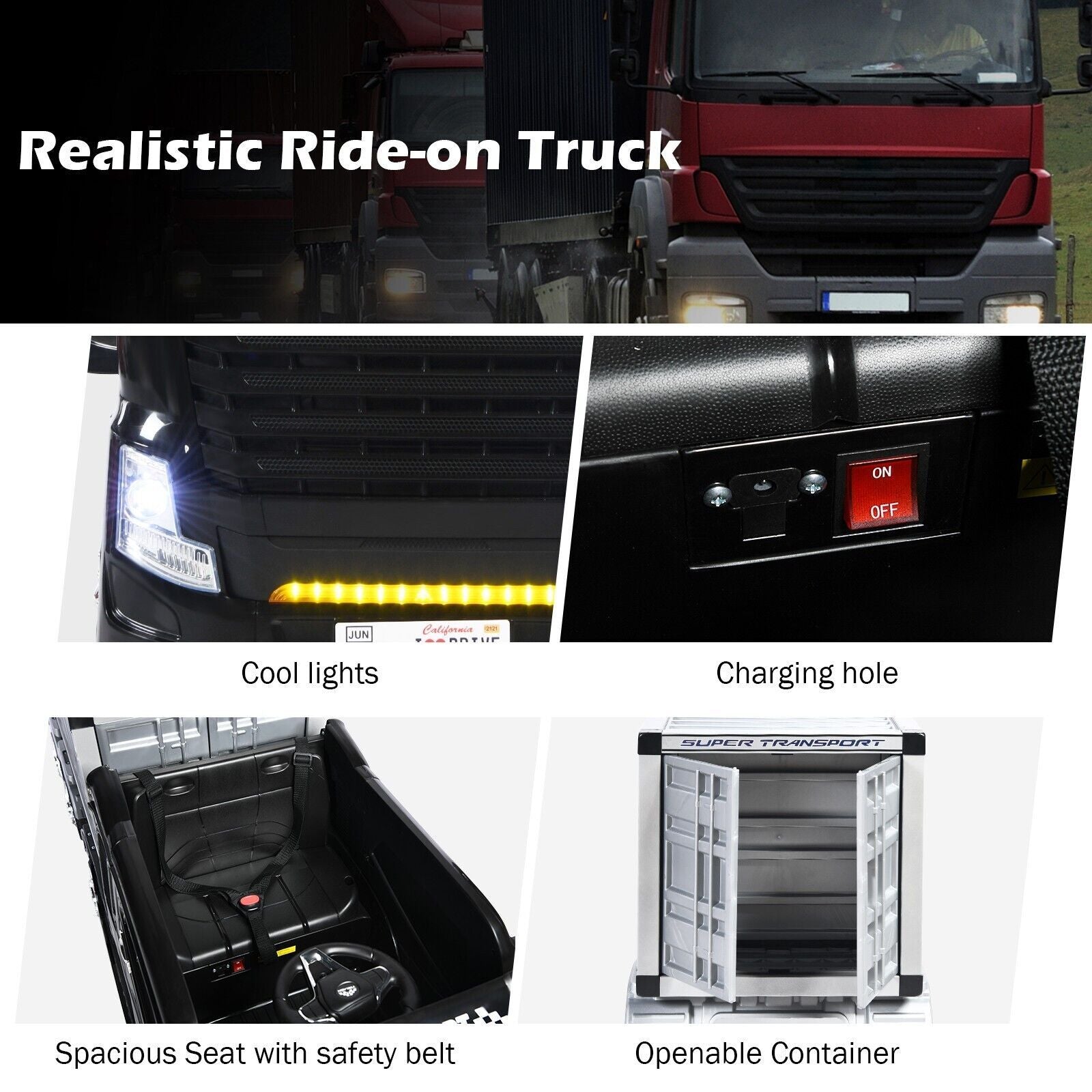 12V Ride-On Semi-Truck with Container for Kids of 3-8 Year Old