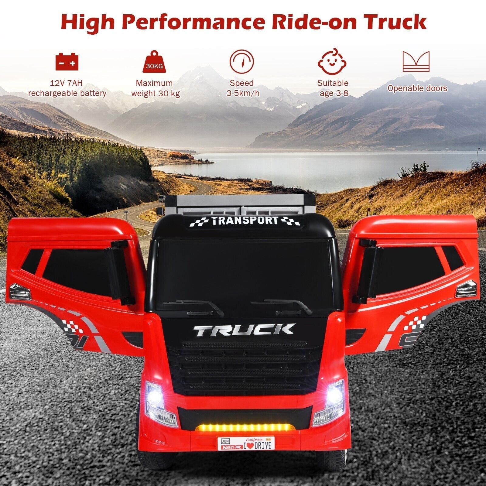 12V Ride-On Semi-Truck with Container for Kids of 3-8 Year Old