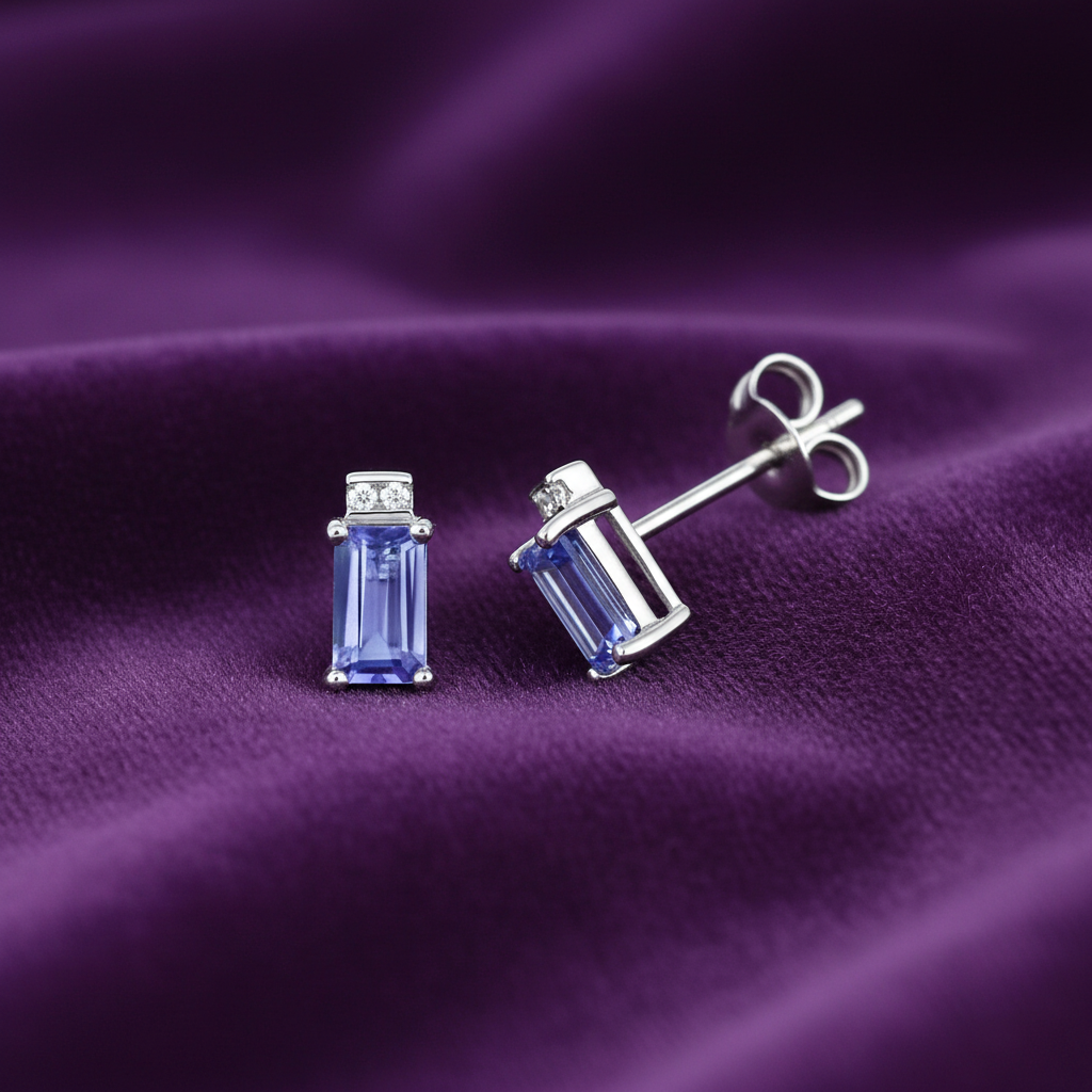 9ct White Gold Diamond & Tanzanite Stud Earrings on Purple Velvet