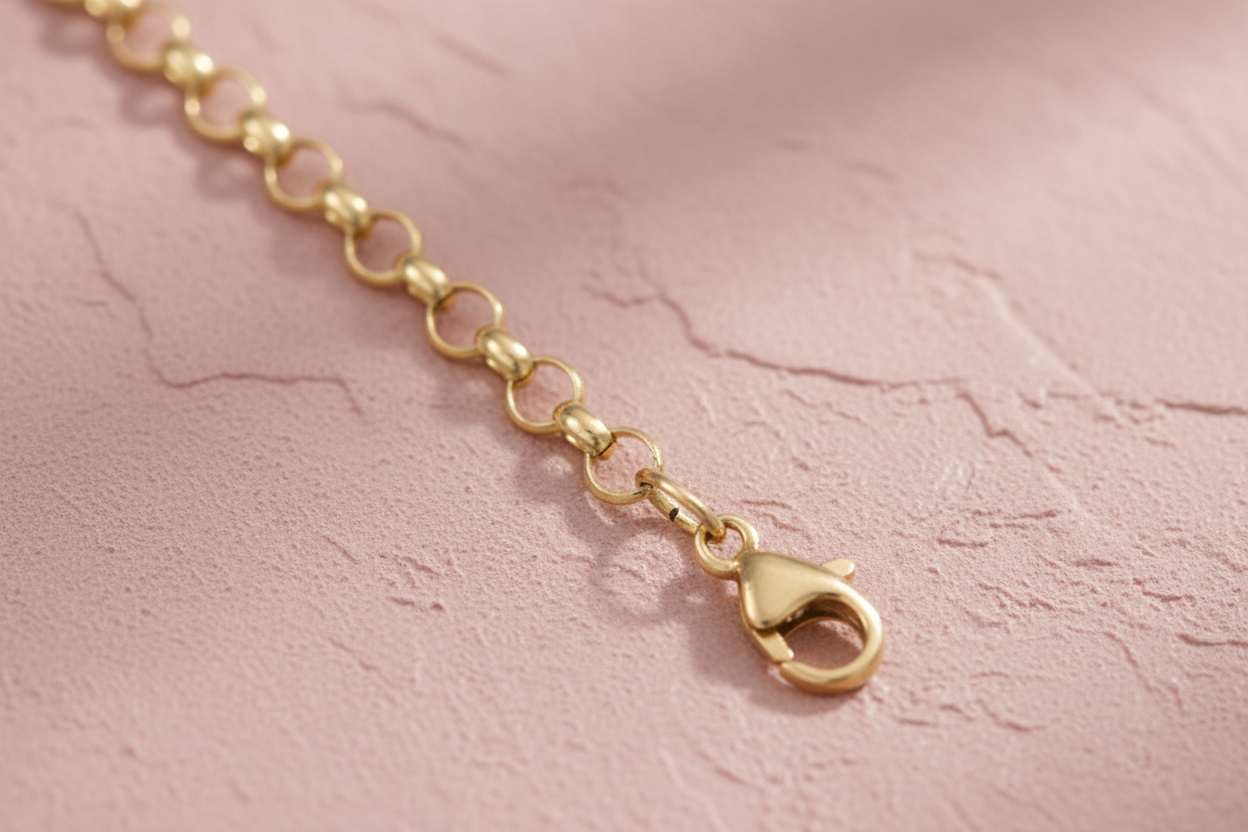9ct Yellow Gold 3.5mm Round Belcher Chain on dusty rose textured background
