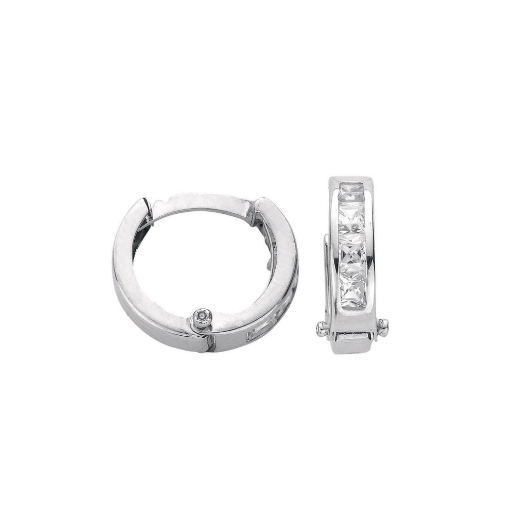 9ct white gold hoop earrings with embedded stones on a white background