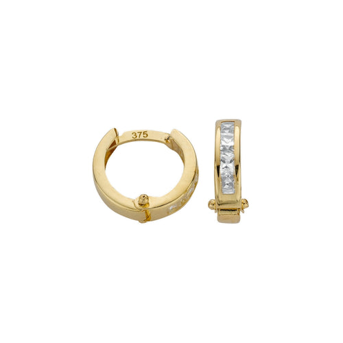 Gold hoop earrings with small cz on a white background