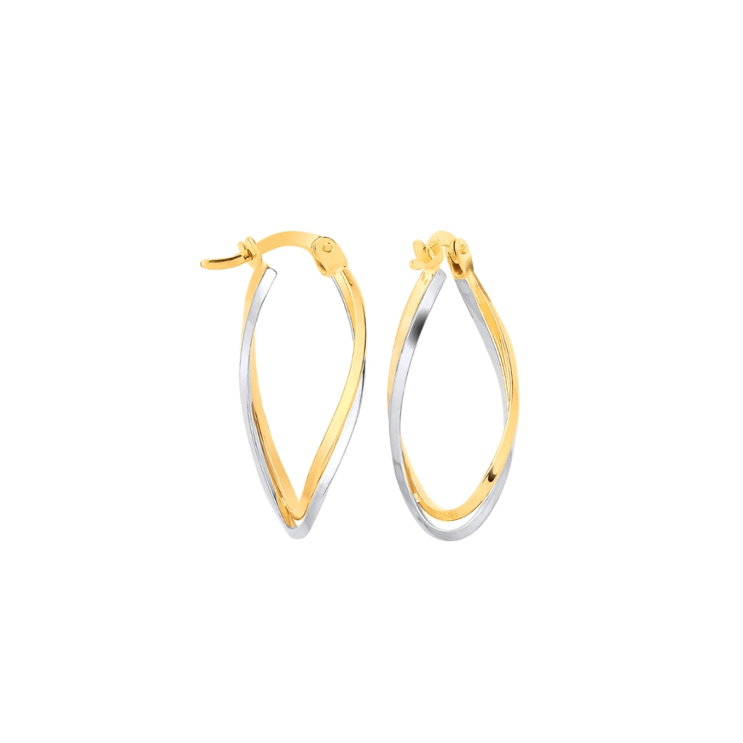 9ct Gold and white gold hoop earrings on a white background
