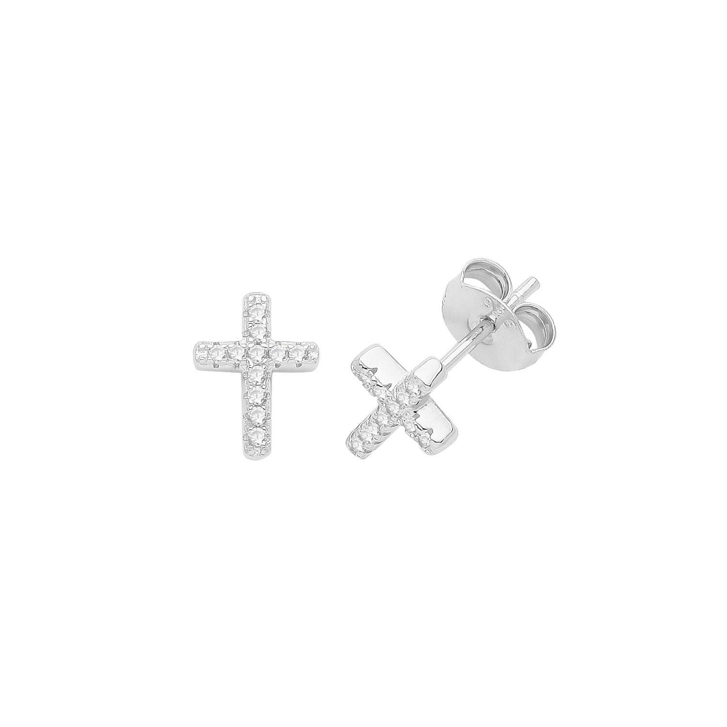 Sterling Silver Rhodium Plated Cubic Zirconia Cross Stud Earrings