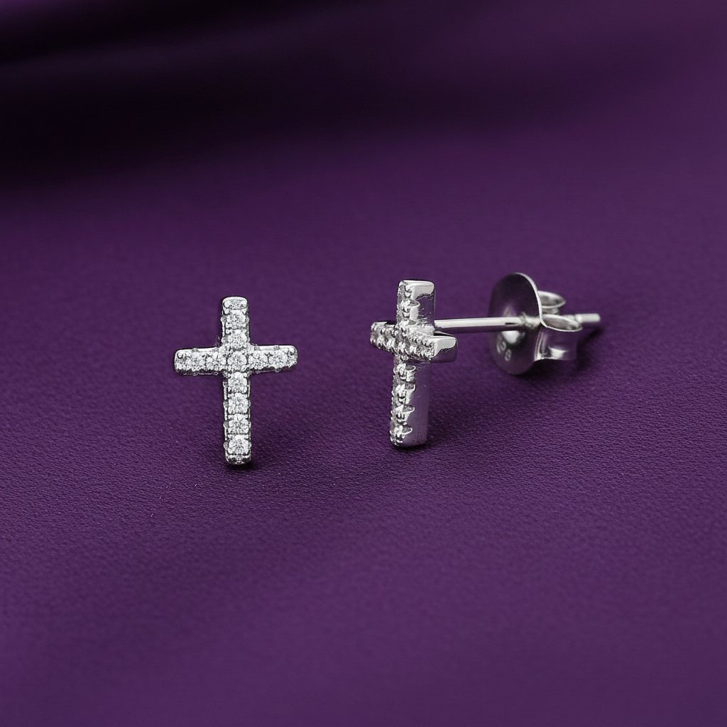 Sterling Silver Rhodium Plated Cubic Zirconia Cross Stud Earrings