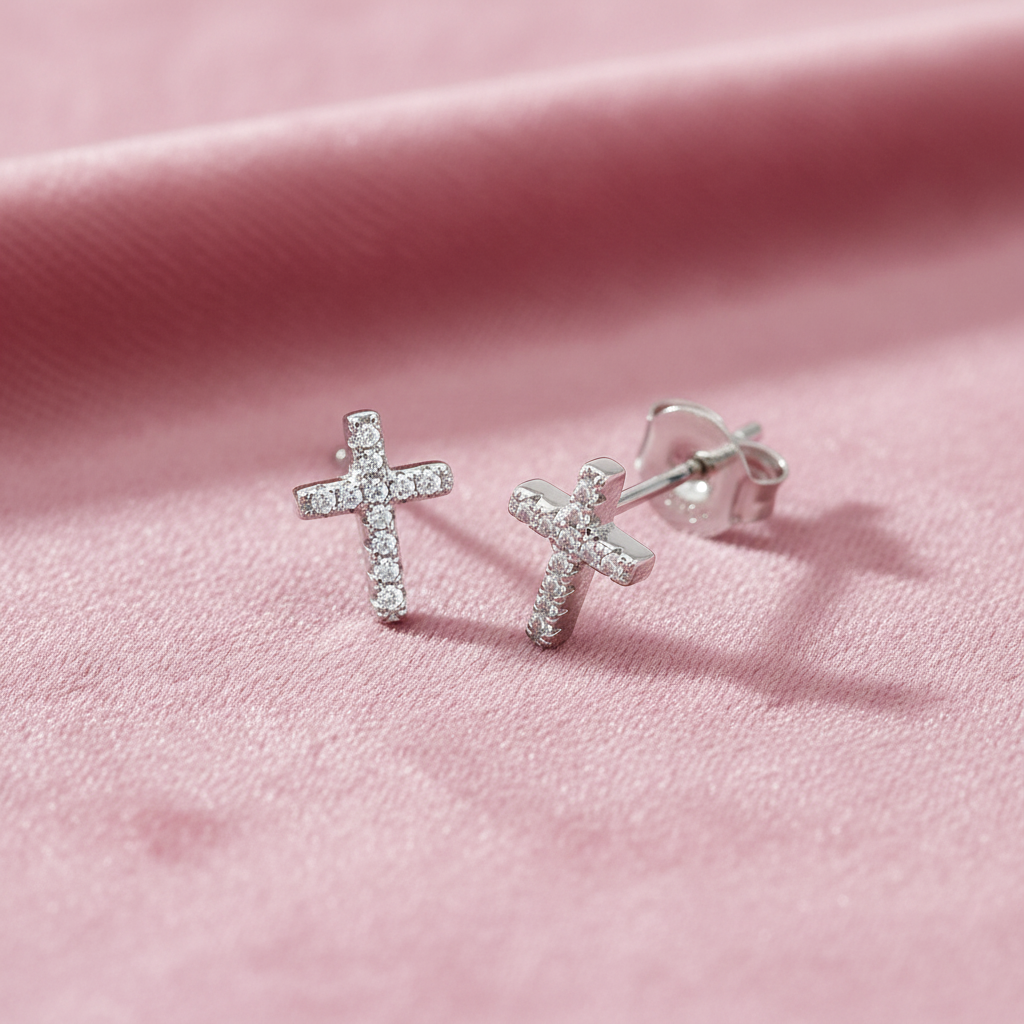 Sterling Silver Rhodium Plated Cubic Zirconia Cross Stud Earrings