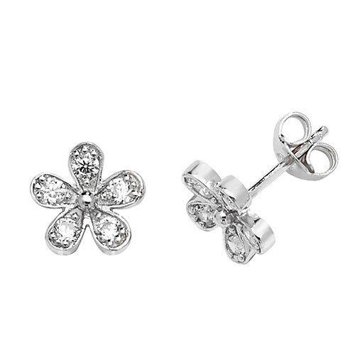 Sterling Silver Rhodium Plated Cubic Zirconia Flower Stud Earrings
