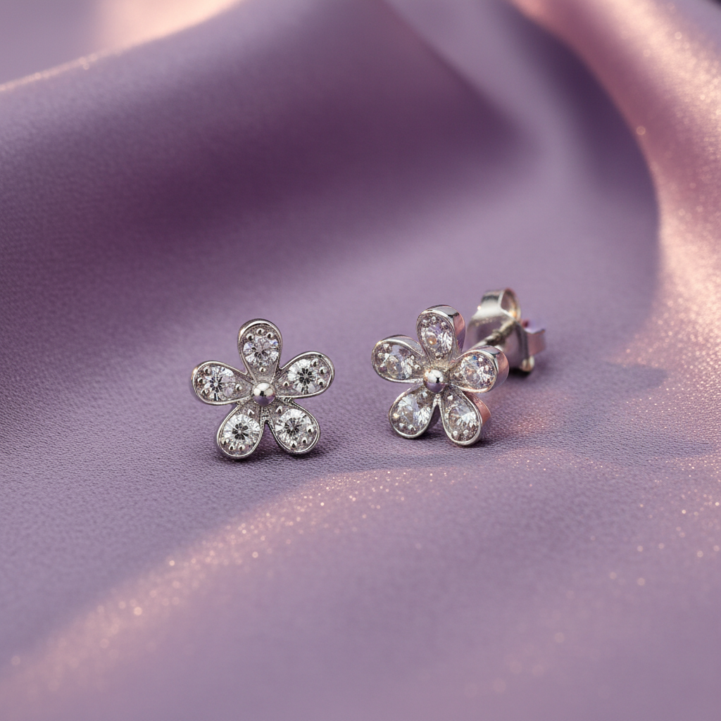 Sterling Silver Rhodium Plated Cubic Zirconia Flower Stud Earrings