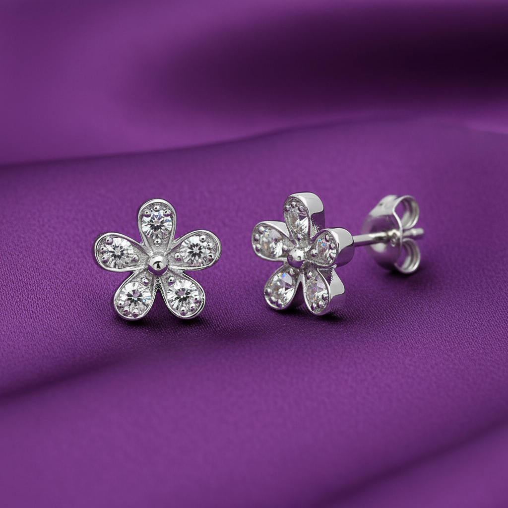 Sterling Silver Rhodium Plated Cubic Zirconia Flower Stud Earrings