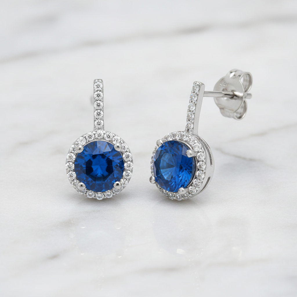Sterling Silver Blue Cubic Zirconia Stud Earrings